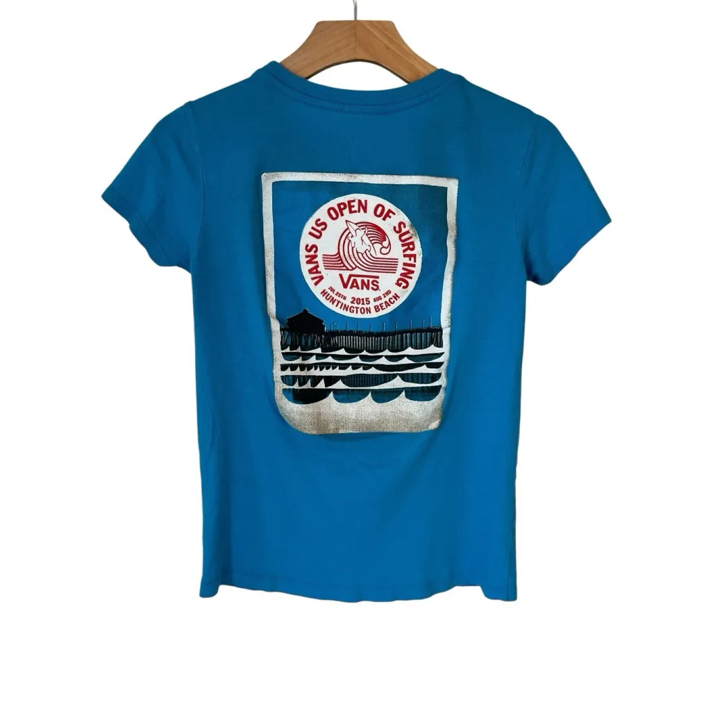 Vans T Shirt Womens Size XS Blue V Neck US Open Of Surfing Print Short Sleeve - Image 9