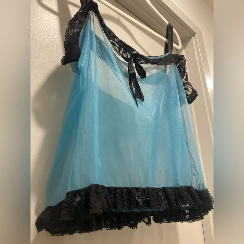 VTG 80s 90s Teal Blue & Black Lace Trim Coquettecore Babydoll Lingerie Tank Top Size XL - Image 6