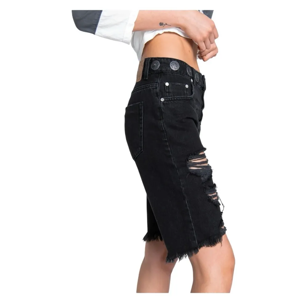 One Teaspoon Truckers Mid Waist Long-Length Relaxed Denim Shorts - Black, Size 4 - Image 3