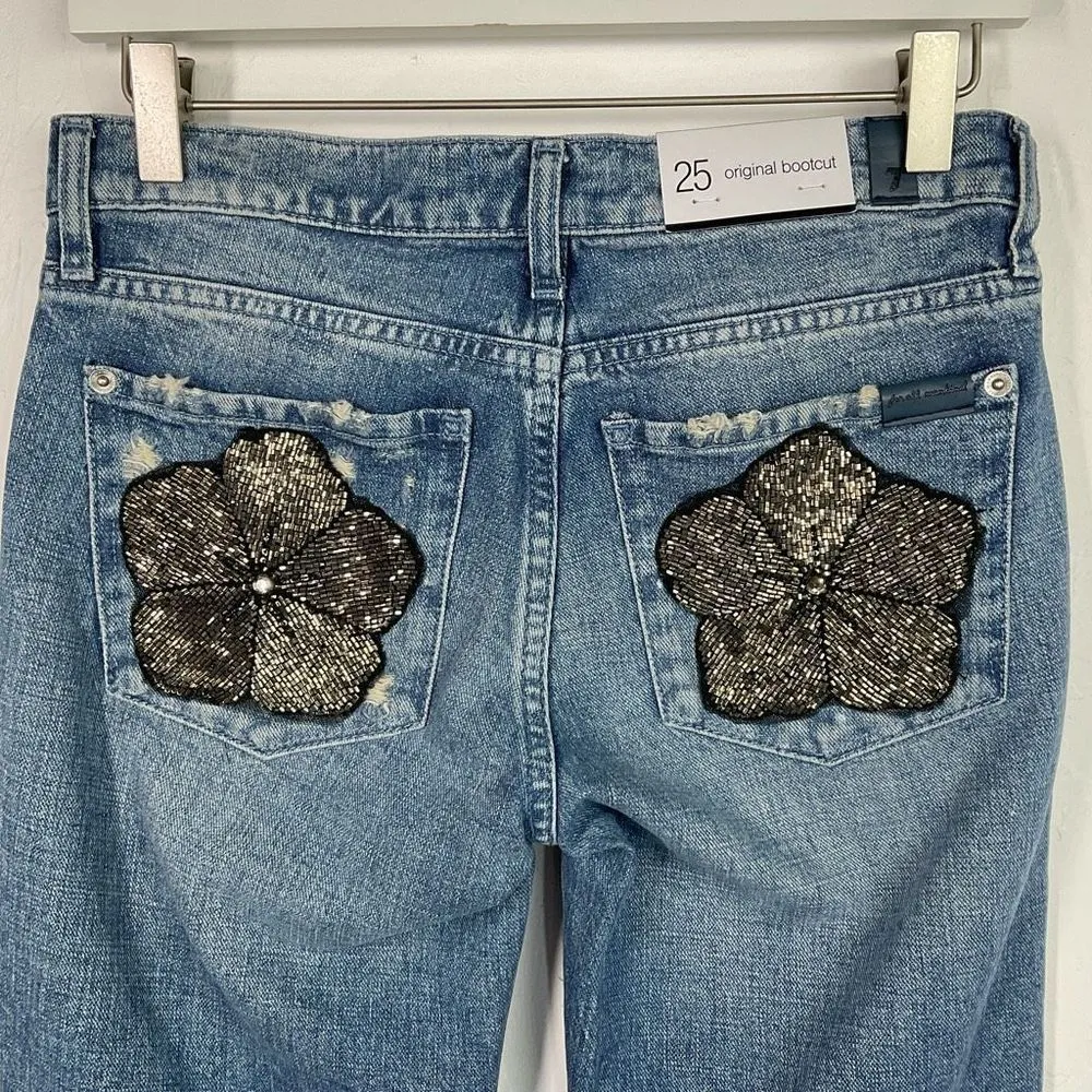 7 For All Mankind Blue Original Boot Beaded Flowers Denim Jeans 25 New - Image 4