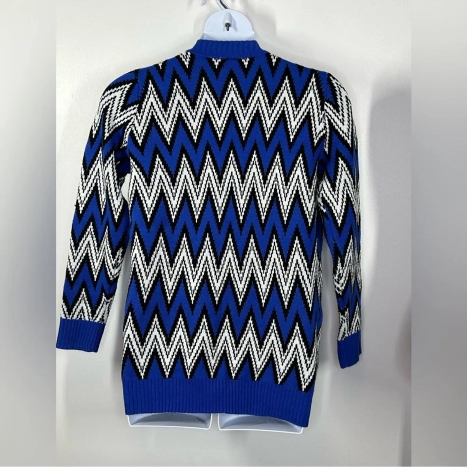 Allison Brittney Chevron Grandpa Cardigan Large Blue White Open Front - Image 8