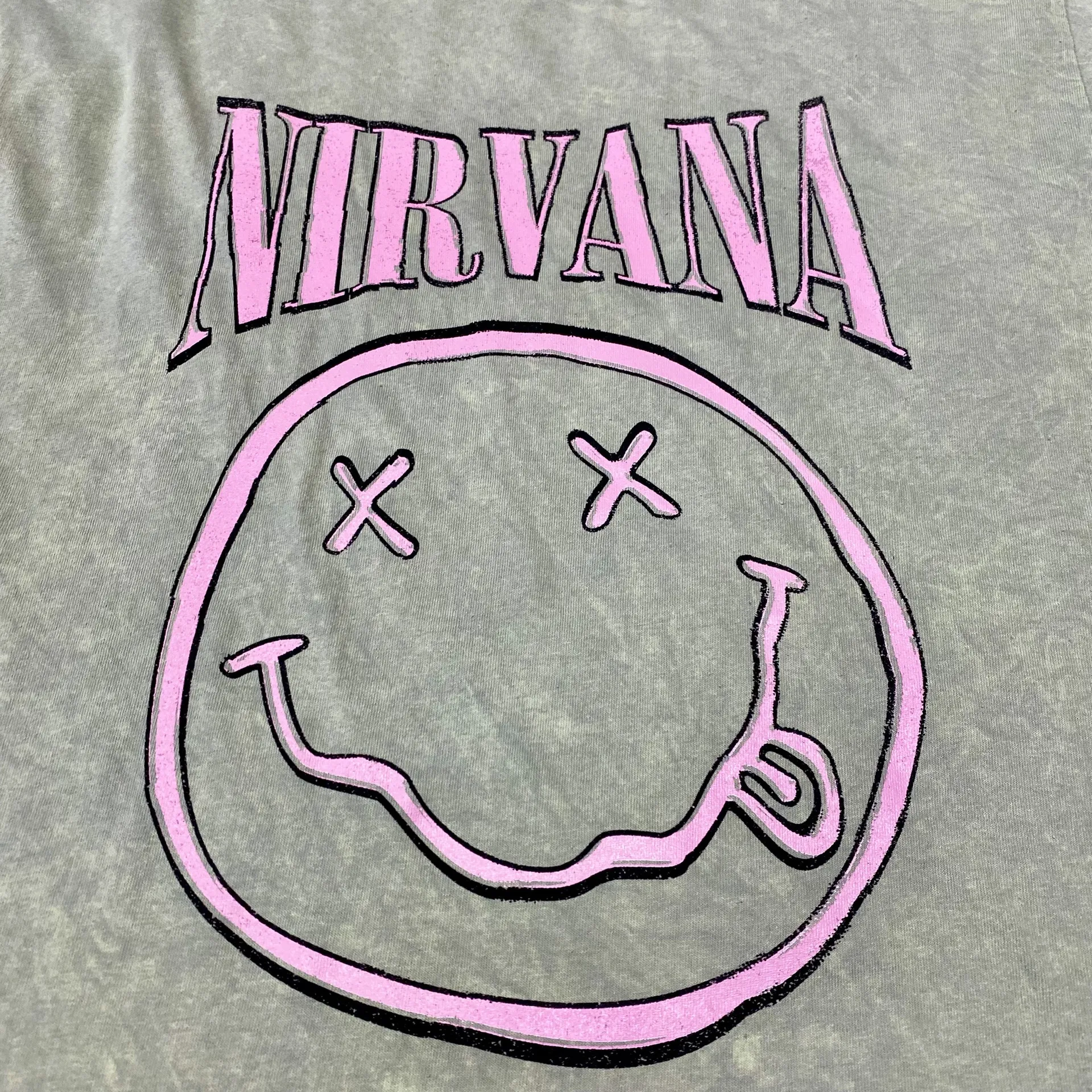 Nirvana Green Acid Wash T-Shirt Pink Smiley Logo Women’s Size Large NWOT - Image 4