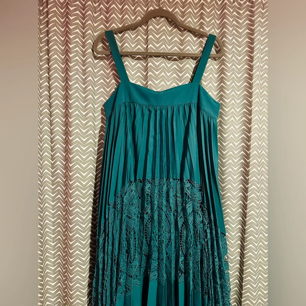 Anthropologie / Geisha Designs | Turquoise Pleated Lace Maxi Dress, Size S - Image 6