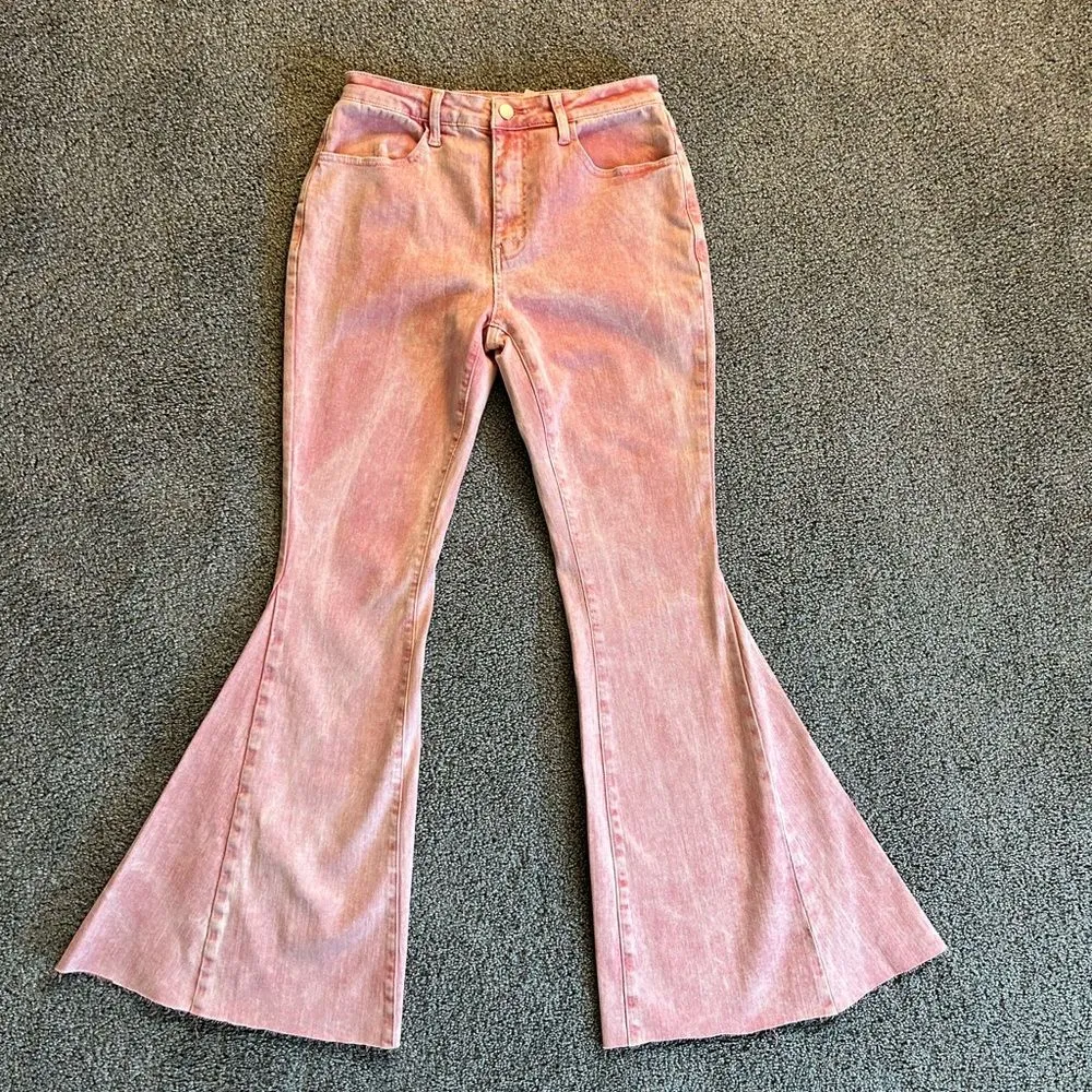 NEW Color Theory Flip Side Fray Hem Pink Bell Bottom Jeans Medium Size undefined - Image 7