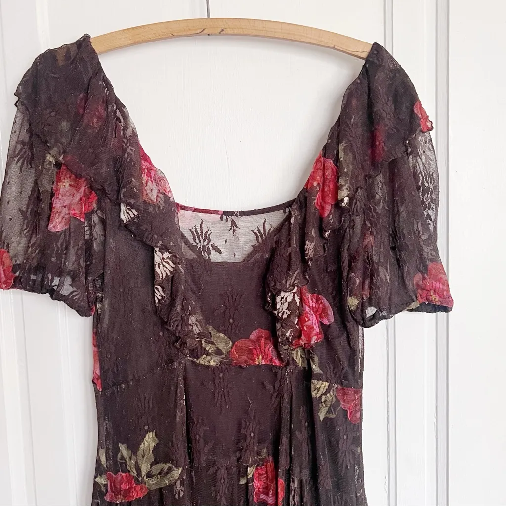 Free People • Hollis Dress maxi brown floral lace mesh Coca Cola tiered ruffle - Image 15