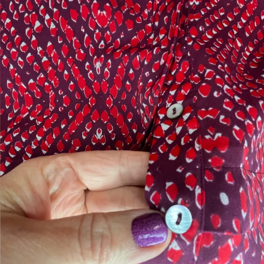 Plum Red Snakeskin Patterned Long Sleeve Lightweight Scoop Neck Button Up Blouse - Image 6