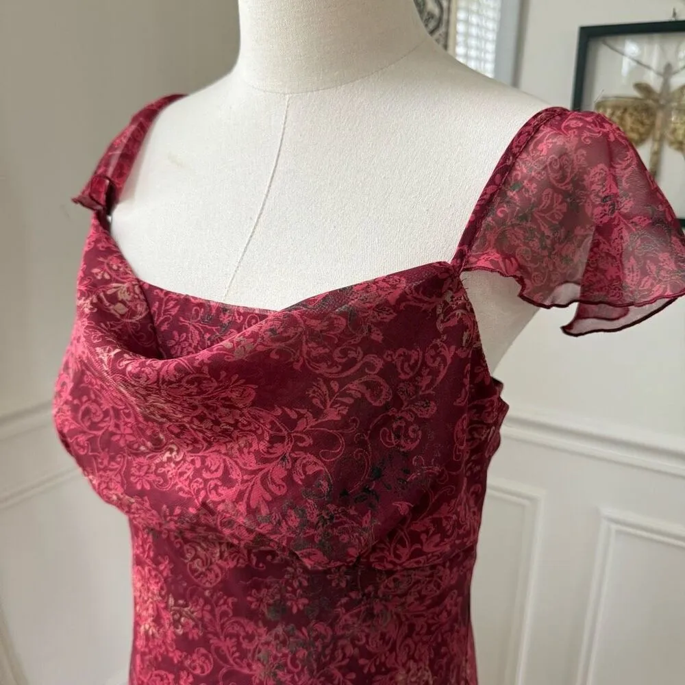 Vintage 90s B. Smart Chiffon Flutter Cap Sleeve Slip Midi Dress Burgundy M - Image 4