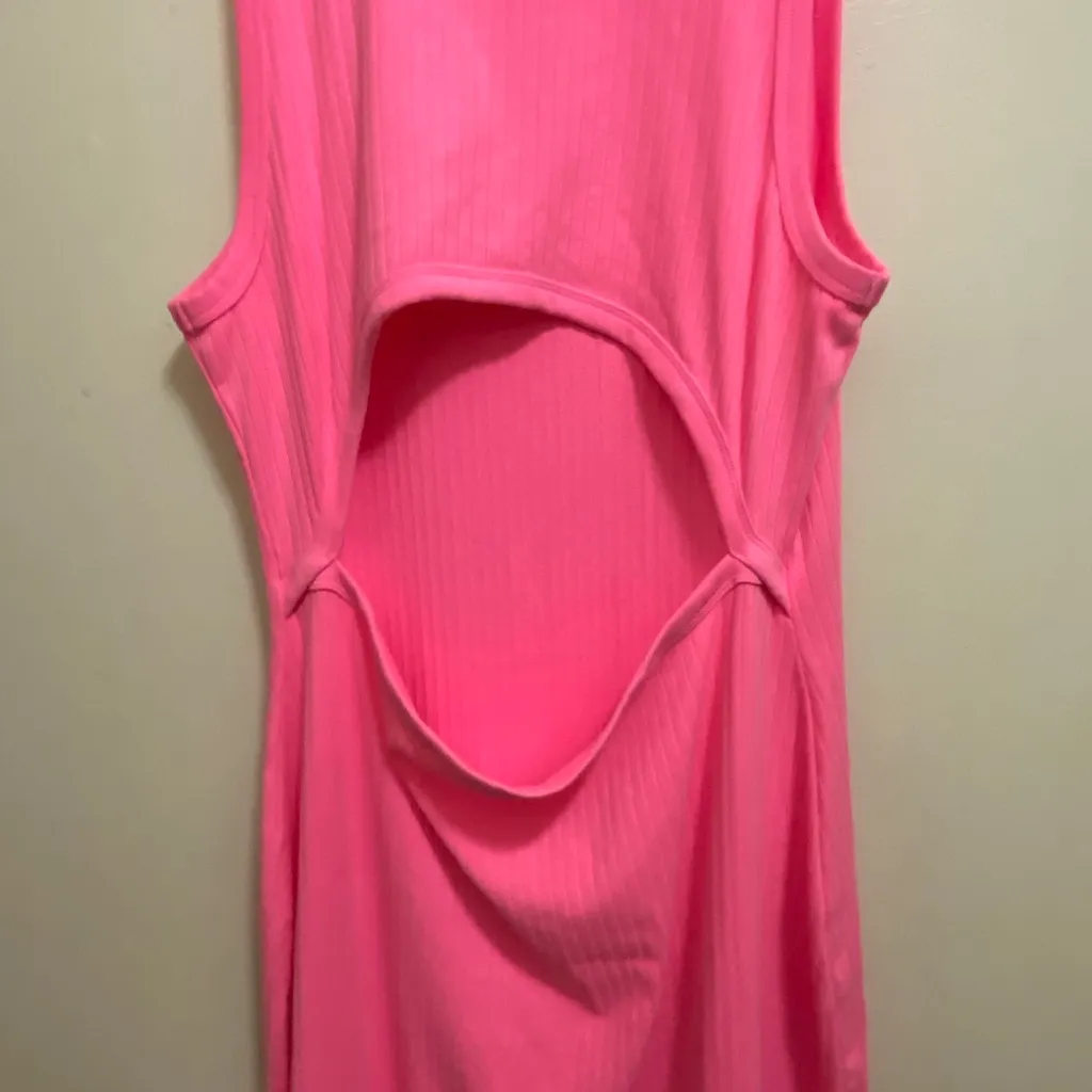 Aerie Womens Solid Hot Pink Maxi Tank Dress XL Ribbed Cut Out Back Slit - Image 6