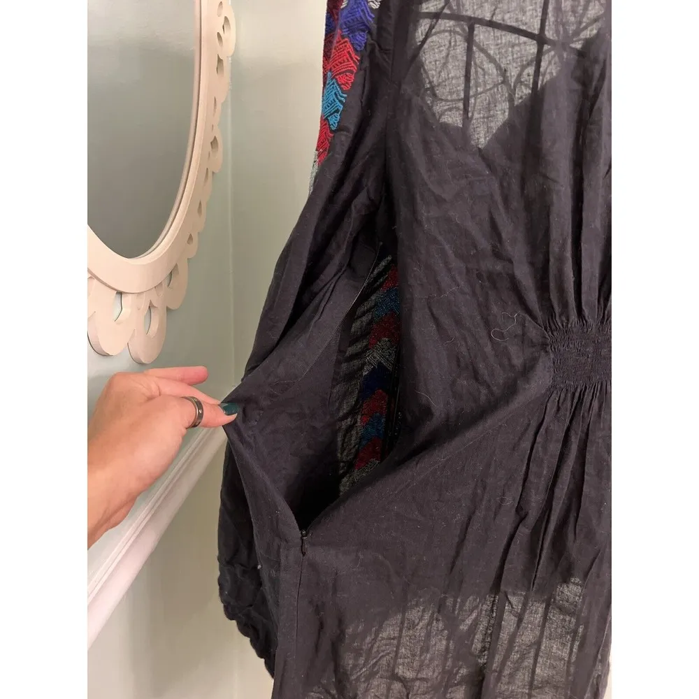 Free People Misty Meadows Black Embroidered Boho Festival Mini Dress 10 Rare - Image 8
