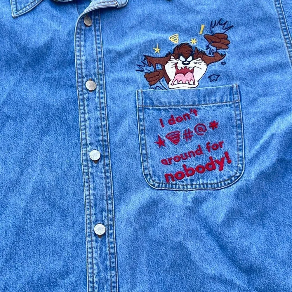 Vintage 90's denim denim shirt Goofy mickey mouse cowboy cartoon casual Sz XL Blue - Image 2