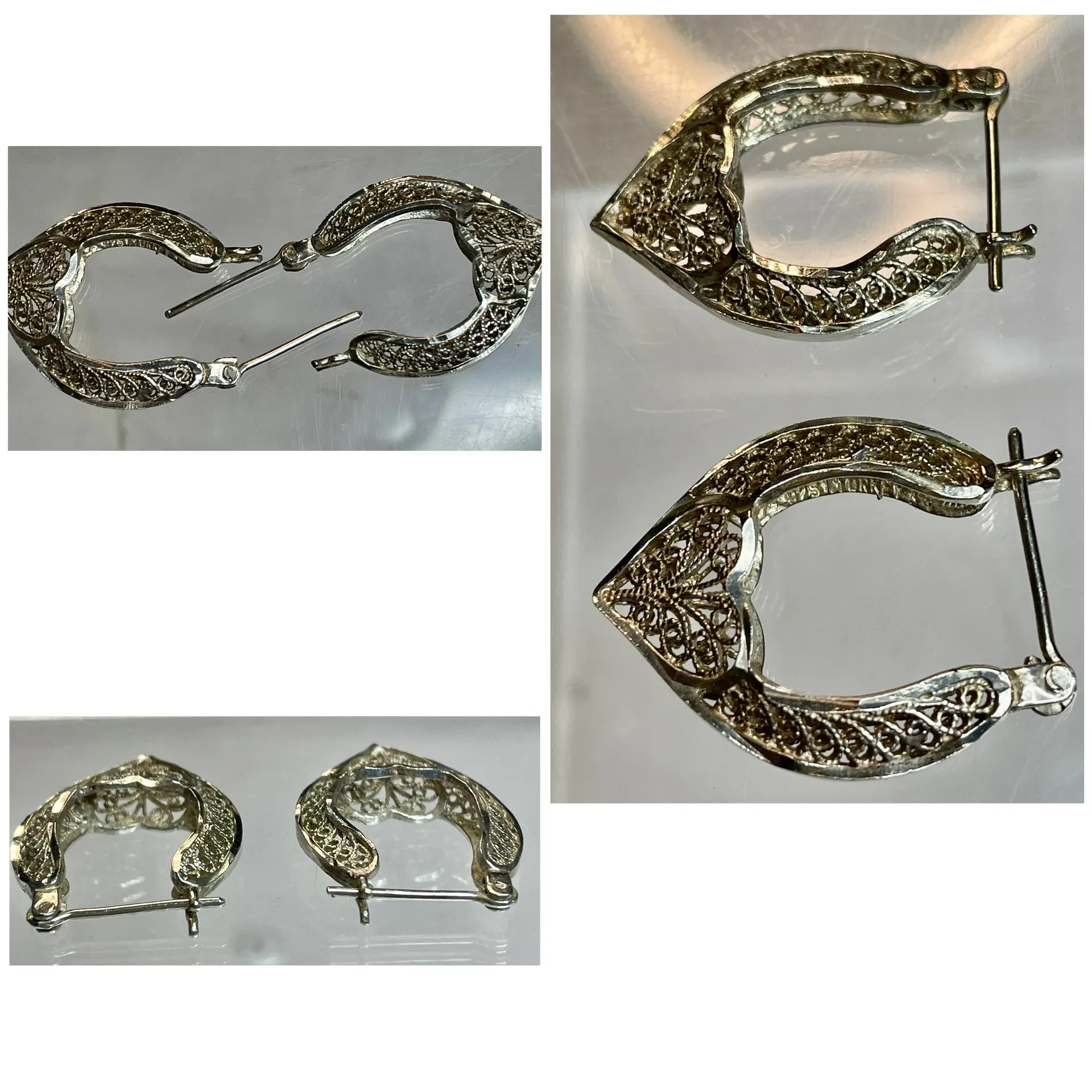 925 Sterling Silver Lace Filigree Heart Hoop Earrings - Image 6