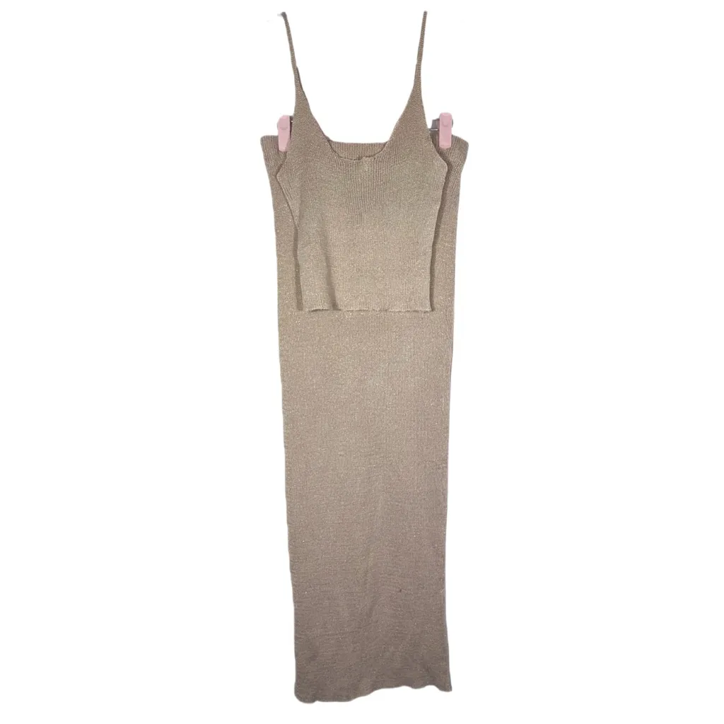 NWOT Two Piece Spaghetti Strap Cami Top & Bodycon Maxi Skirt Set Medium Tan - Image 4