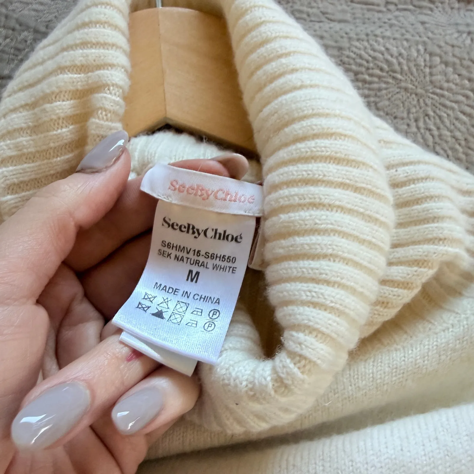 See By Chloe Cream WoolTurtleneck Poncho Fringe Tie Side - Image 6