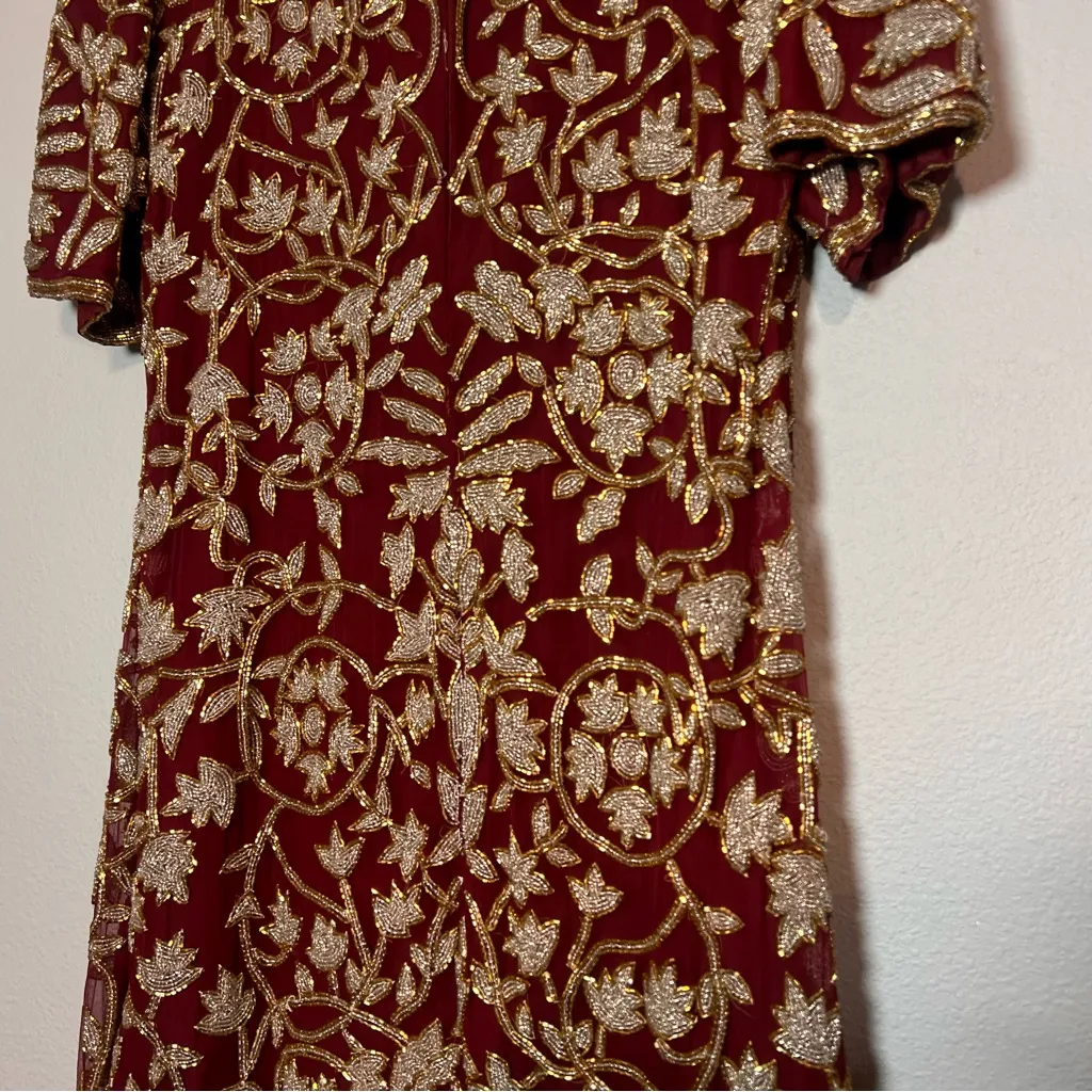 Vintage Beaded Silk Dress Red Gold Short Sleeve Knee Length Size Large - Image 9