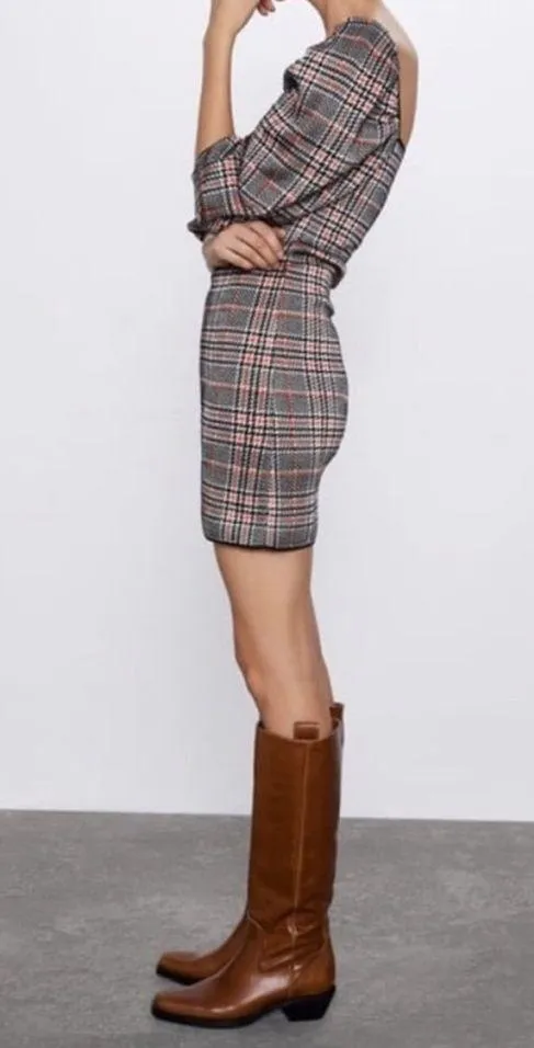 NWT Zara Bodycon Houndstooth Plaid Knit Dress Boat Halter Neck Black/Orange Sz L - Image 4