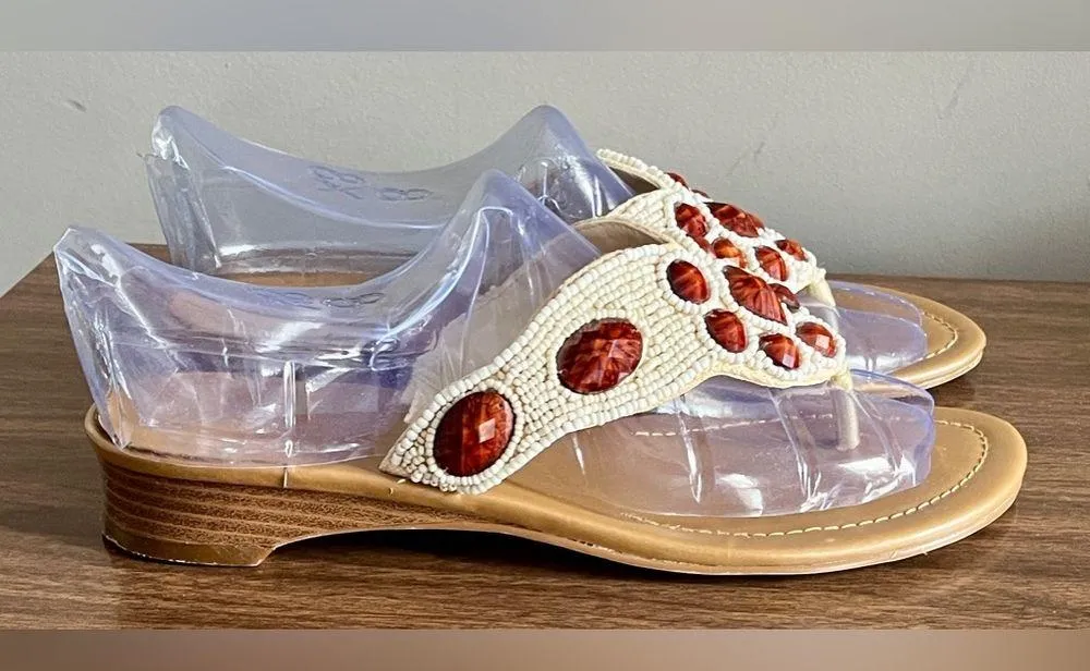 Ann Marino Ivory and Red Beaded Thong Wedge Sandals, Size 9 Multiple - Image 2