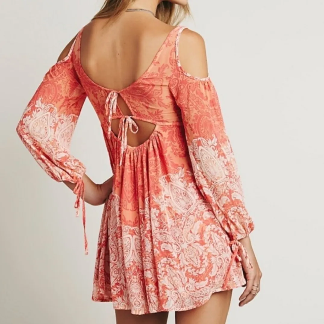 Free People Orange Paisley Cold Shoulder Mini Dress Tie Open Back Cutout Size XS - Image 2