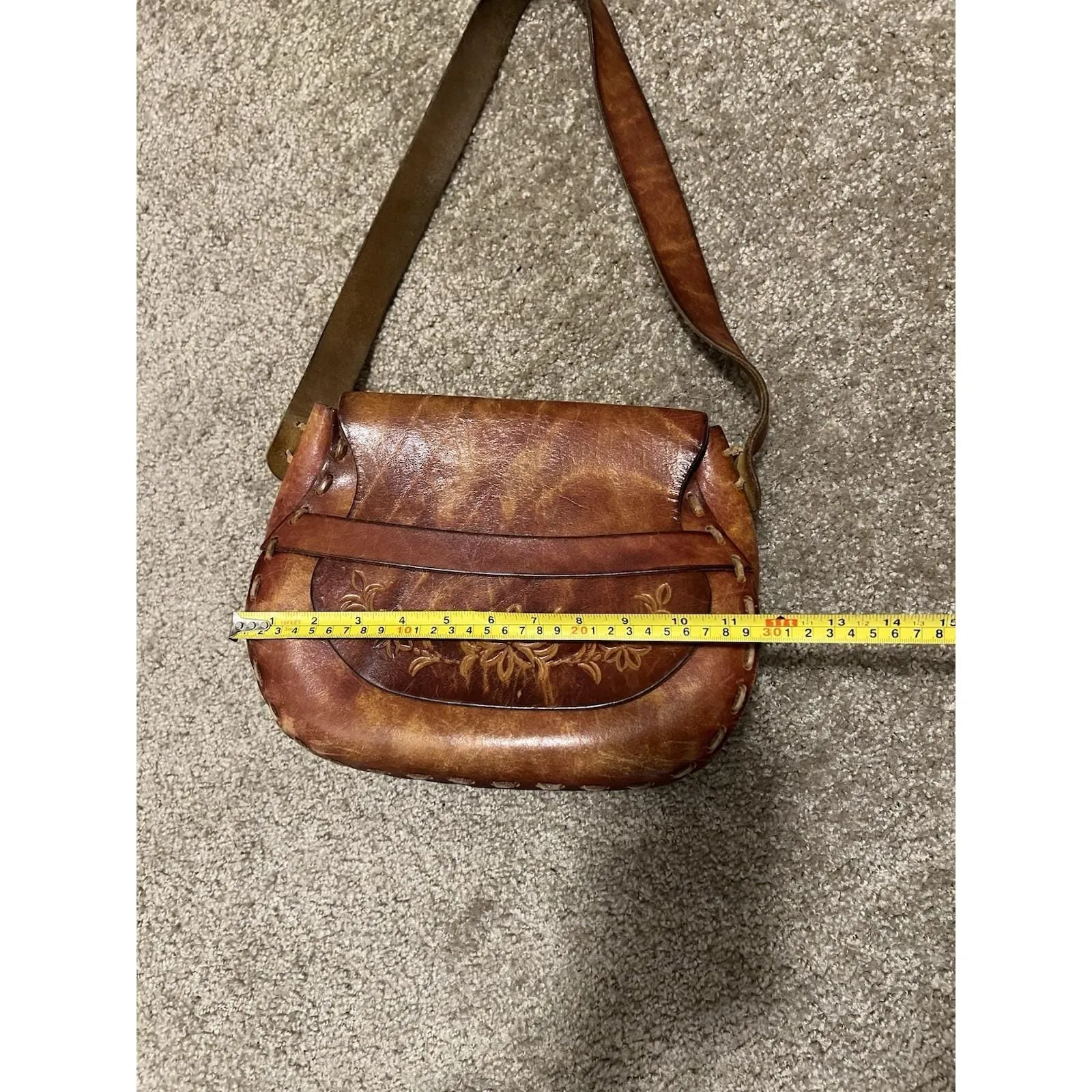 Vintage 70s Hand Tooled Leather Saddle Bag Boho Whipstitch Purse Brown - Image 10