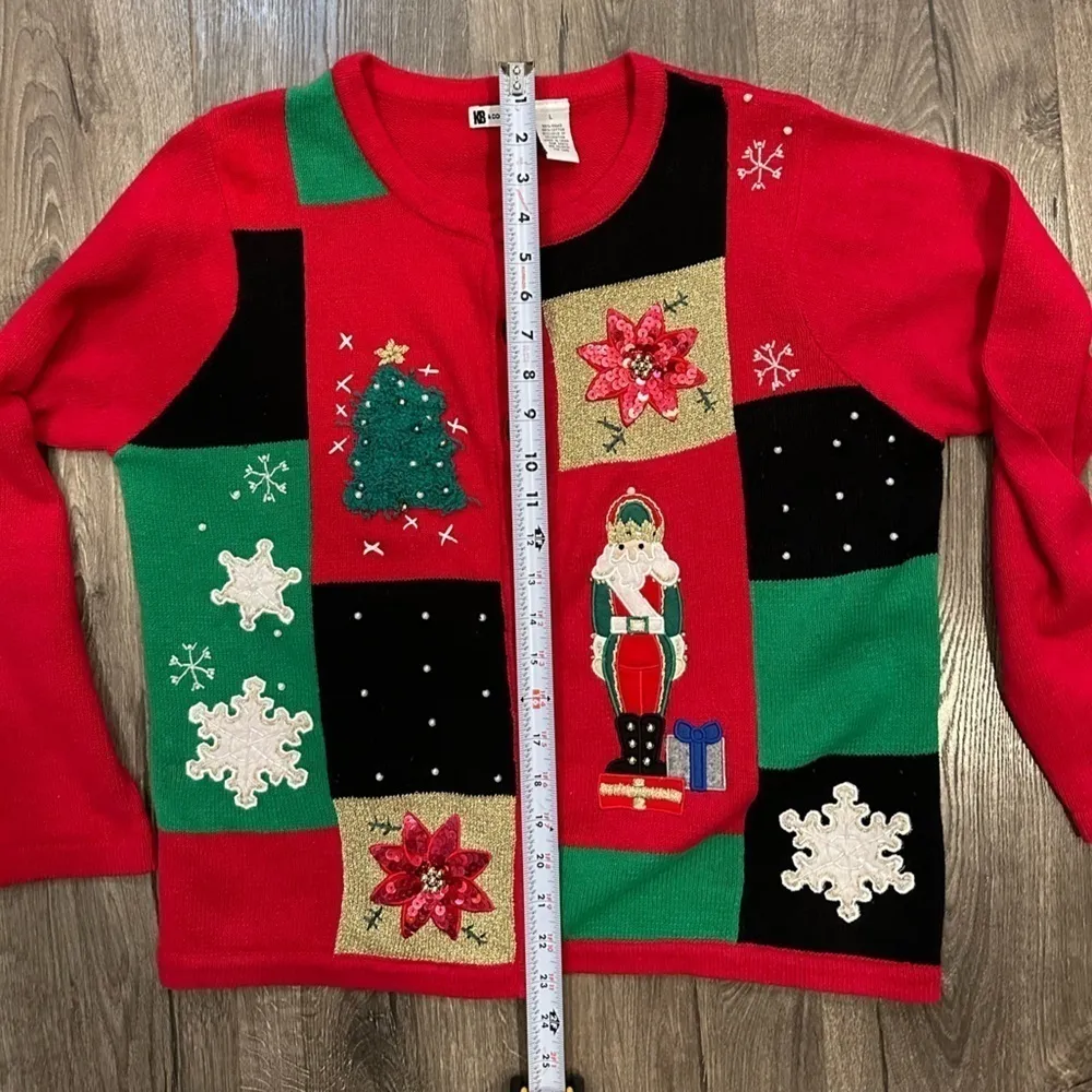 KB Womens Large Cardigan Ugly Sweater Christmas Tree Nutcracker Poinsettia VTG Red - Image 5