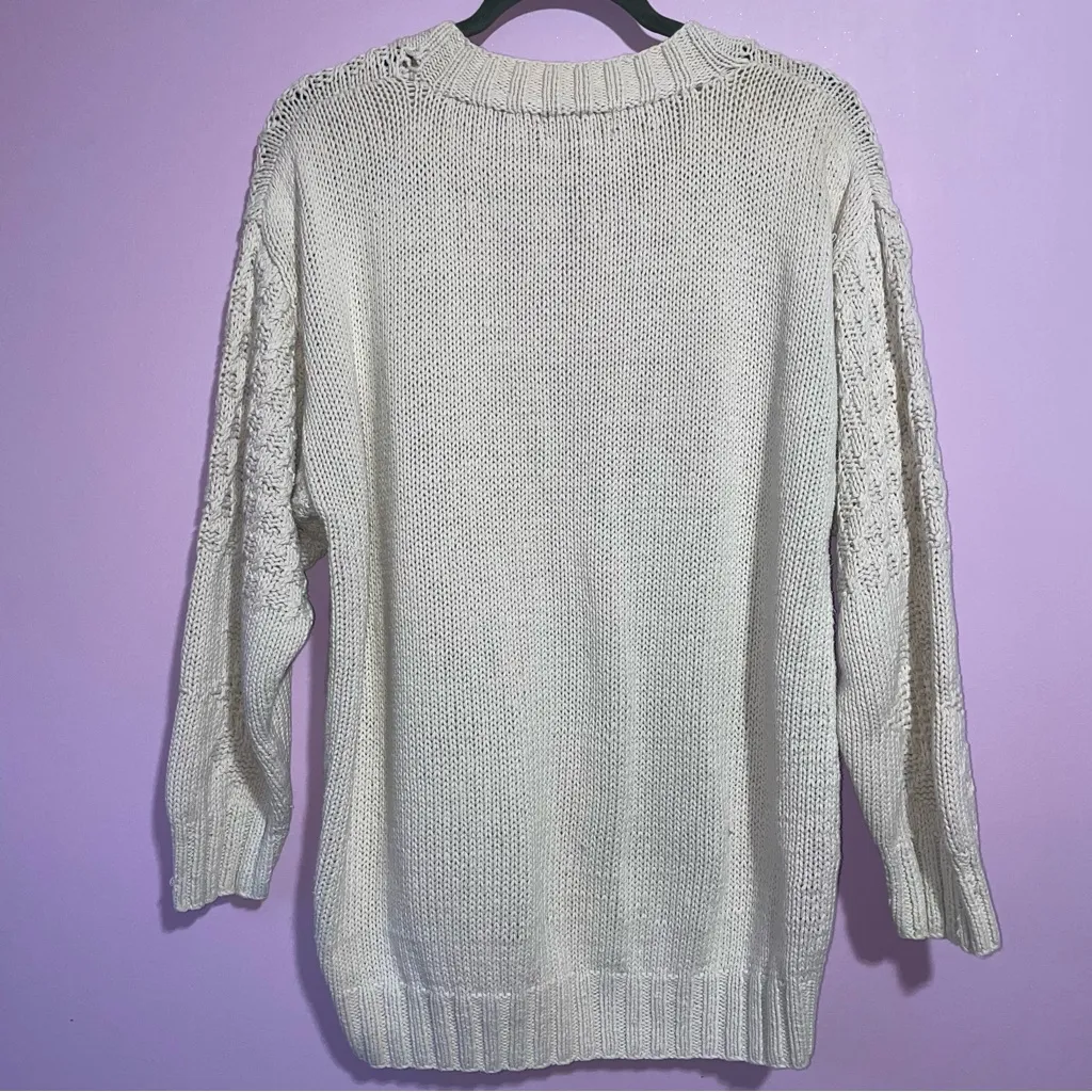 Vtg Interior Textured Fisherman Knit Cardigan Sweater Women L Cottage Coastal White Size L - Image 5