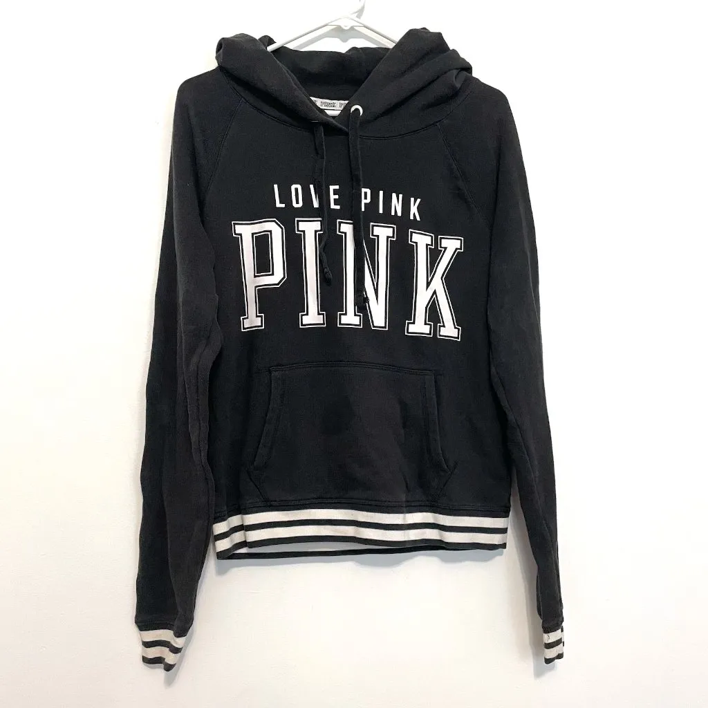 VS PINK VICTORIA'S SECRET Perfect Pullover Black White Logo Hoodie Sweatshirt M - Image 2