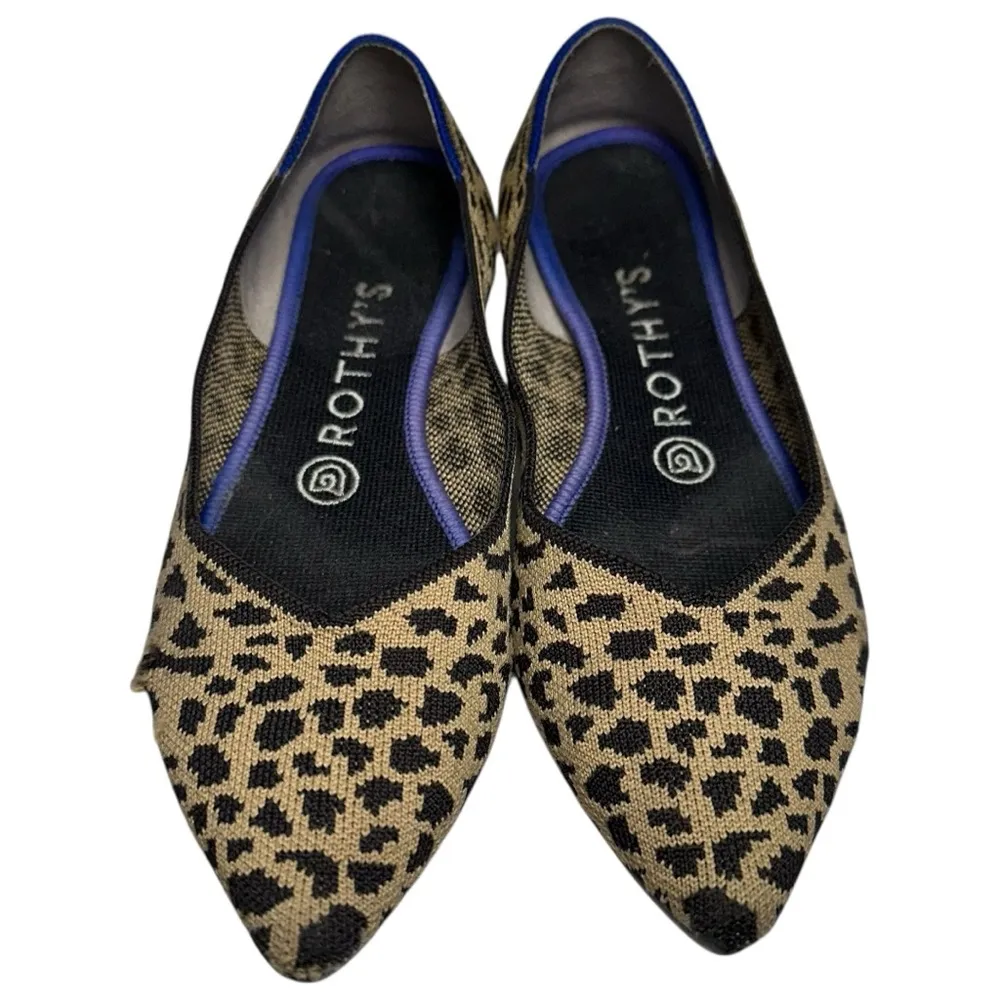 Rothy’s Women’s Size 7.5 Leopard Print Knit Pointy Toe Slip On Flats Shoes - Image 4