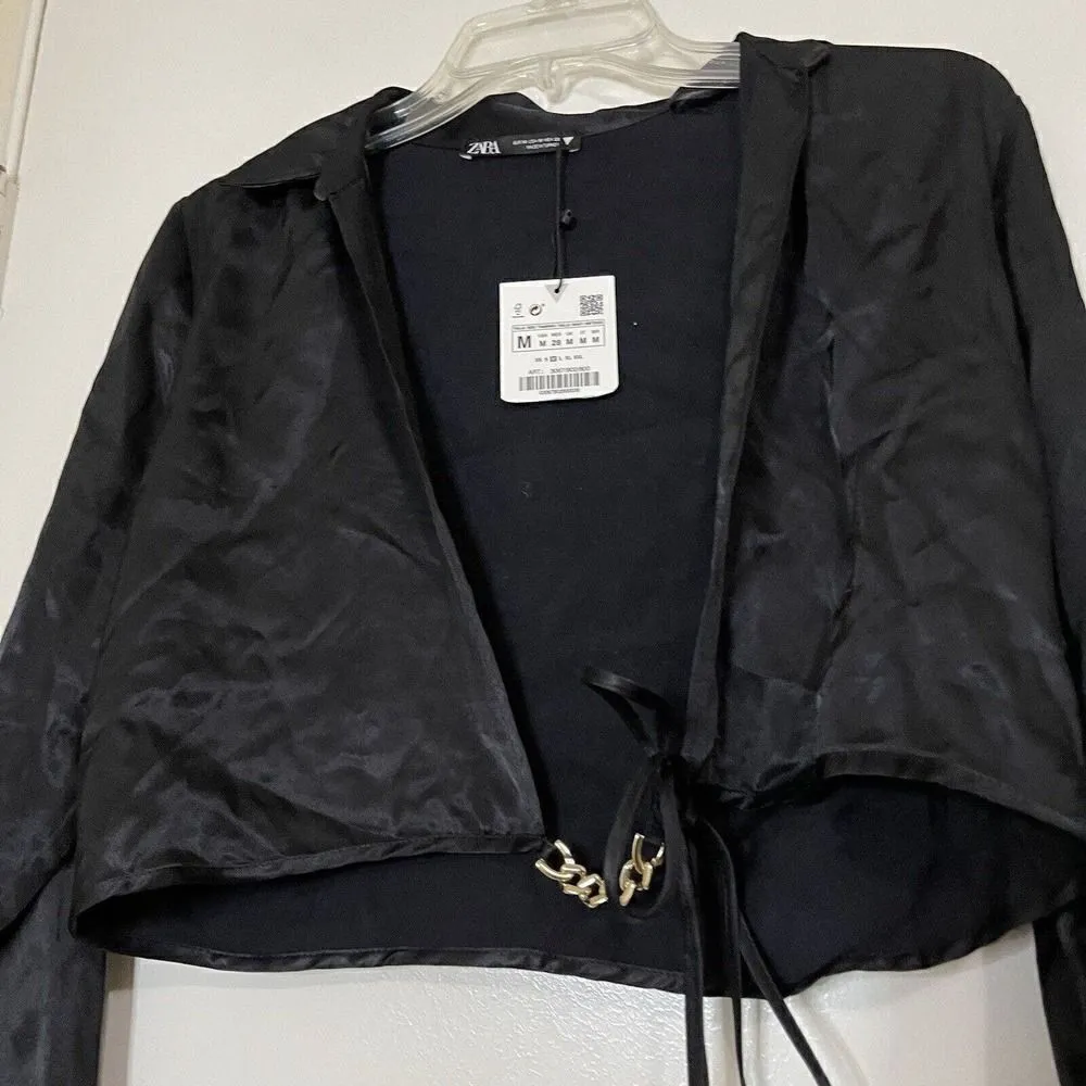 NWT! ZARA satin neck long sleeve plunge wrap blouse gold chain detail medium - Image 3