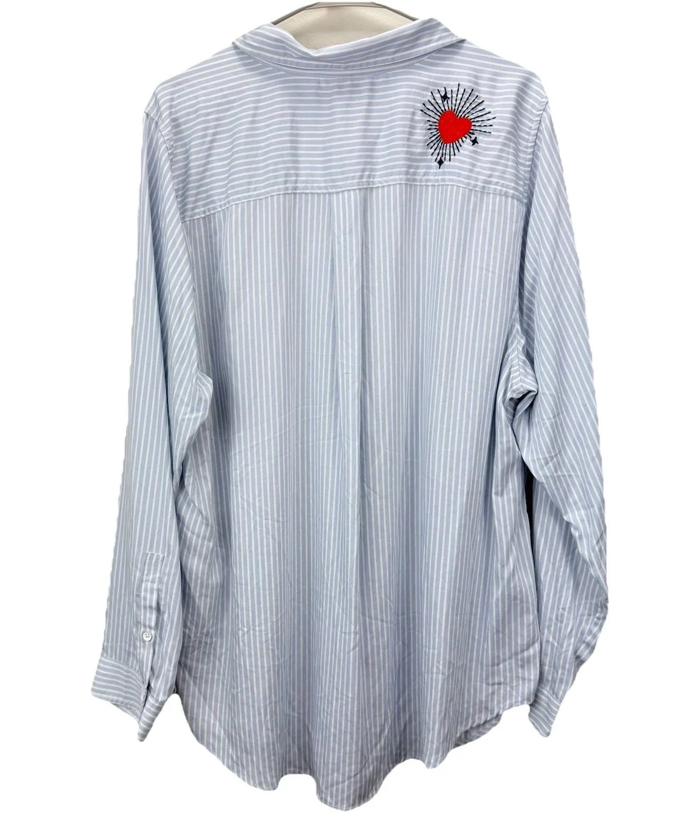 Torrid Lizzie Blue Striped Embroidered Twill Button Up Long Sleeve Shirt Size 2X - Image 9