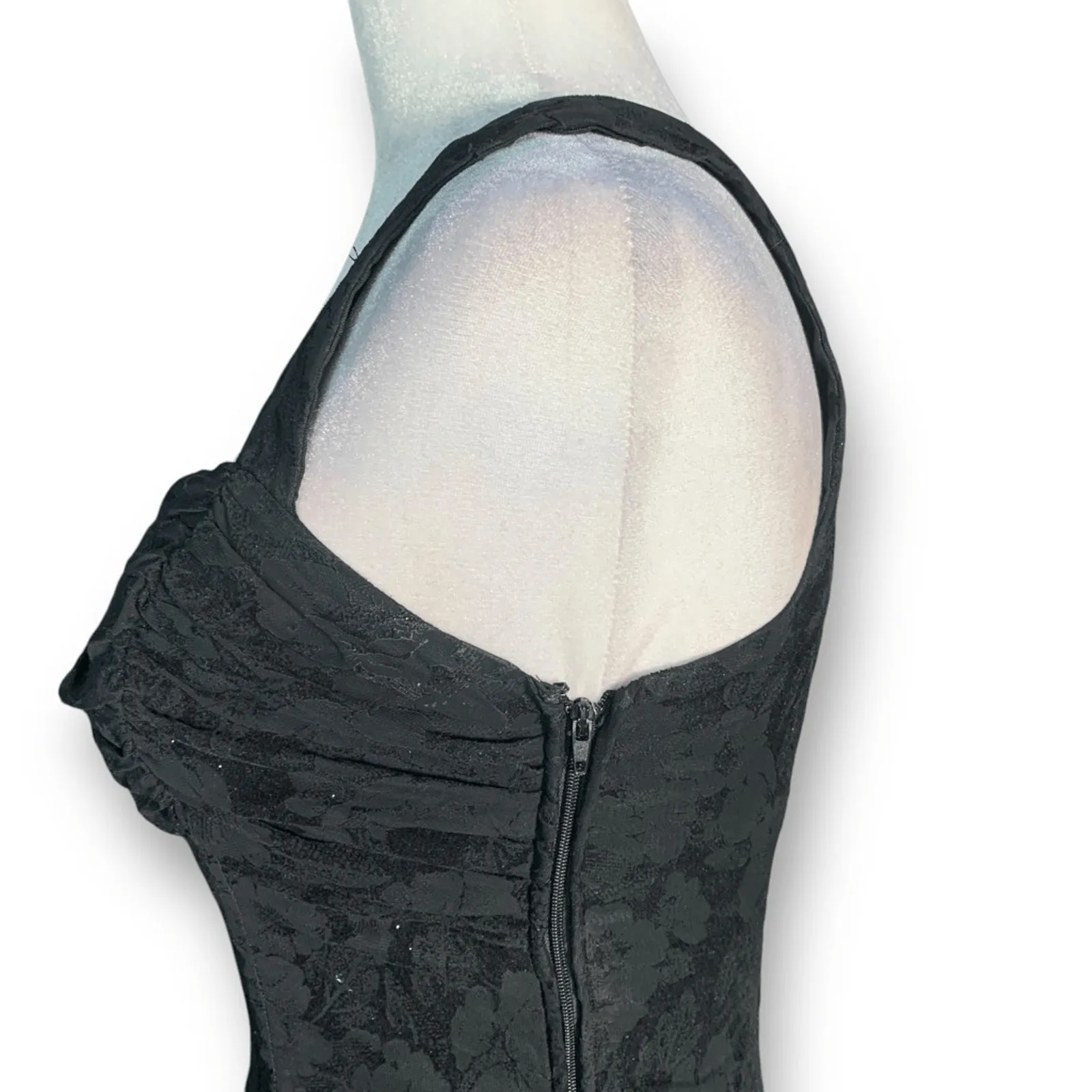 Vintage 90s Zum Zum Black Flocked Floral Fit & Flare Mini Dress Open Back Small - Image 7