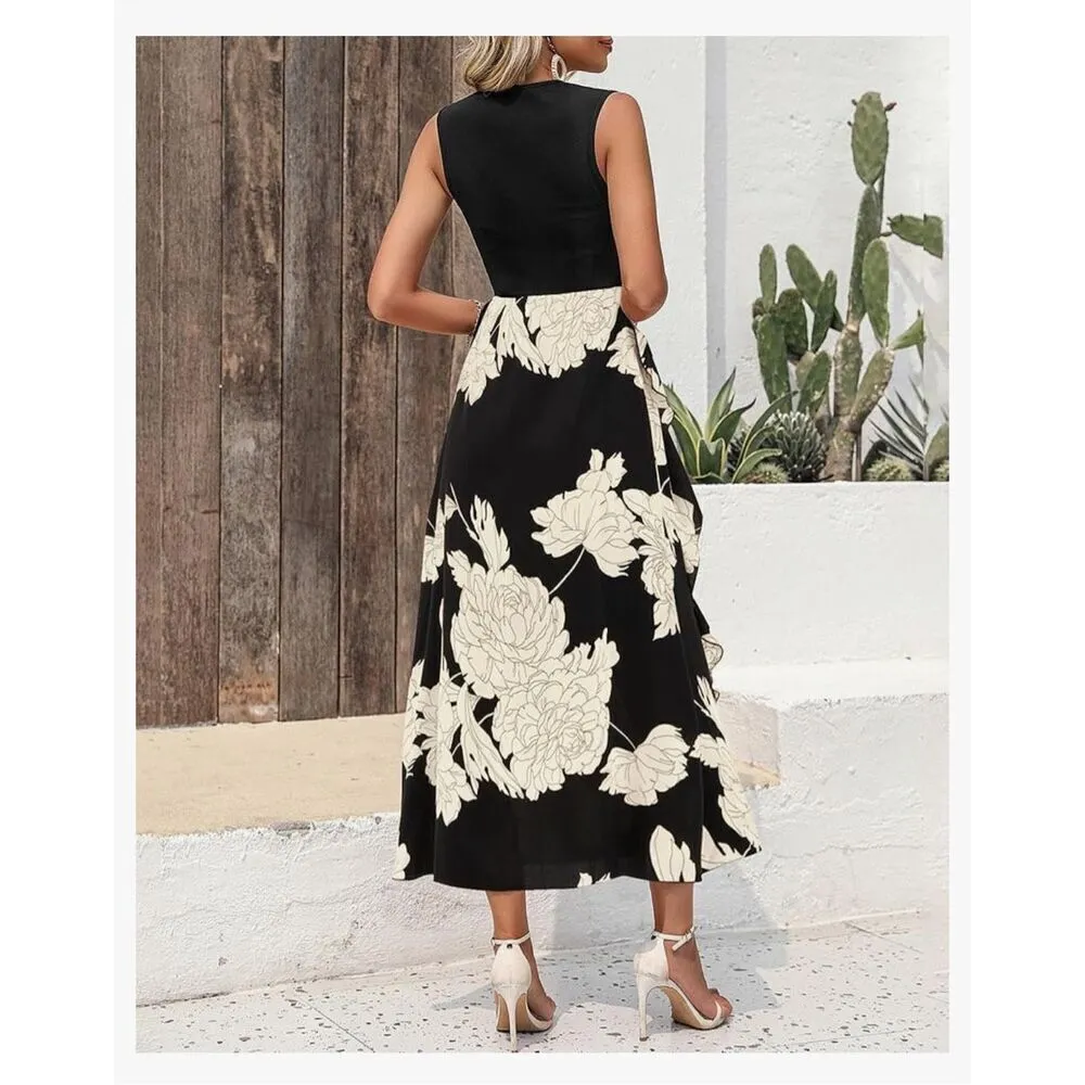 NEW Crewneck Floral Ruffle Cocktail Career Midi Dress 2X Black - Image 5