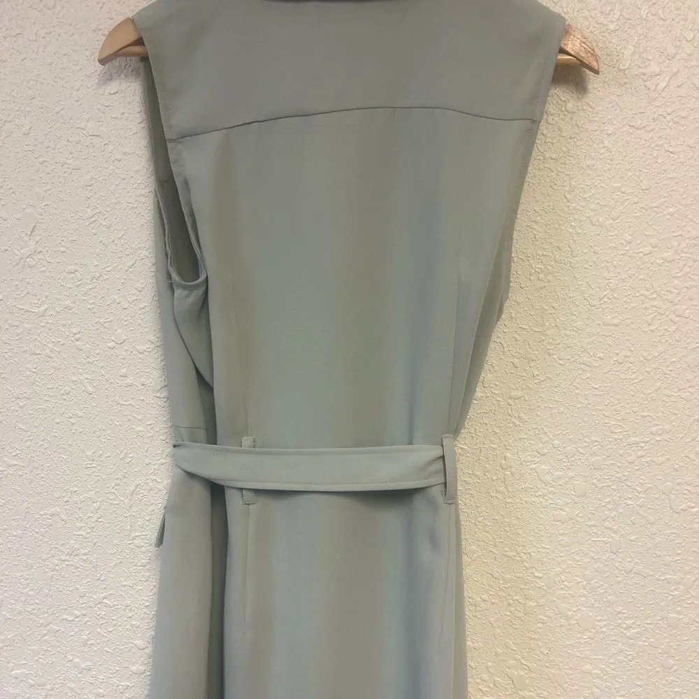 Sharagano Wrap-Front Trench Dress | Sage Green Size 12 Sleeveless Midi - Image 7