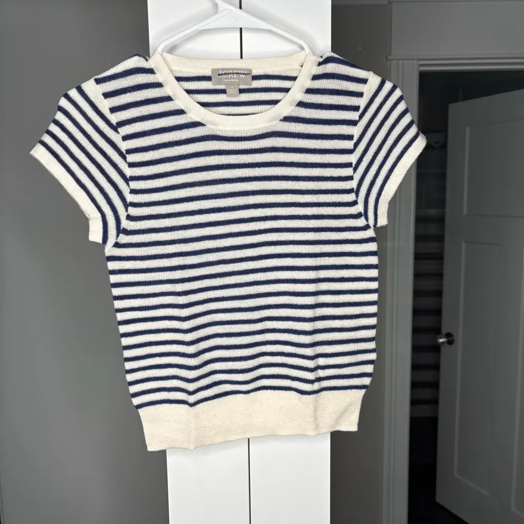 NWT J. Crew Ribbed Featherweight Cashmere T-shirt Stripe Snow Evening - Image 2