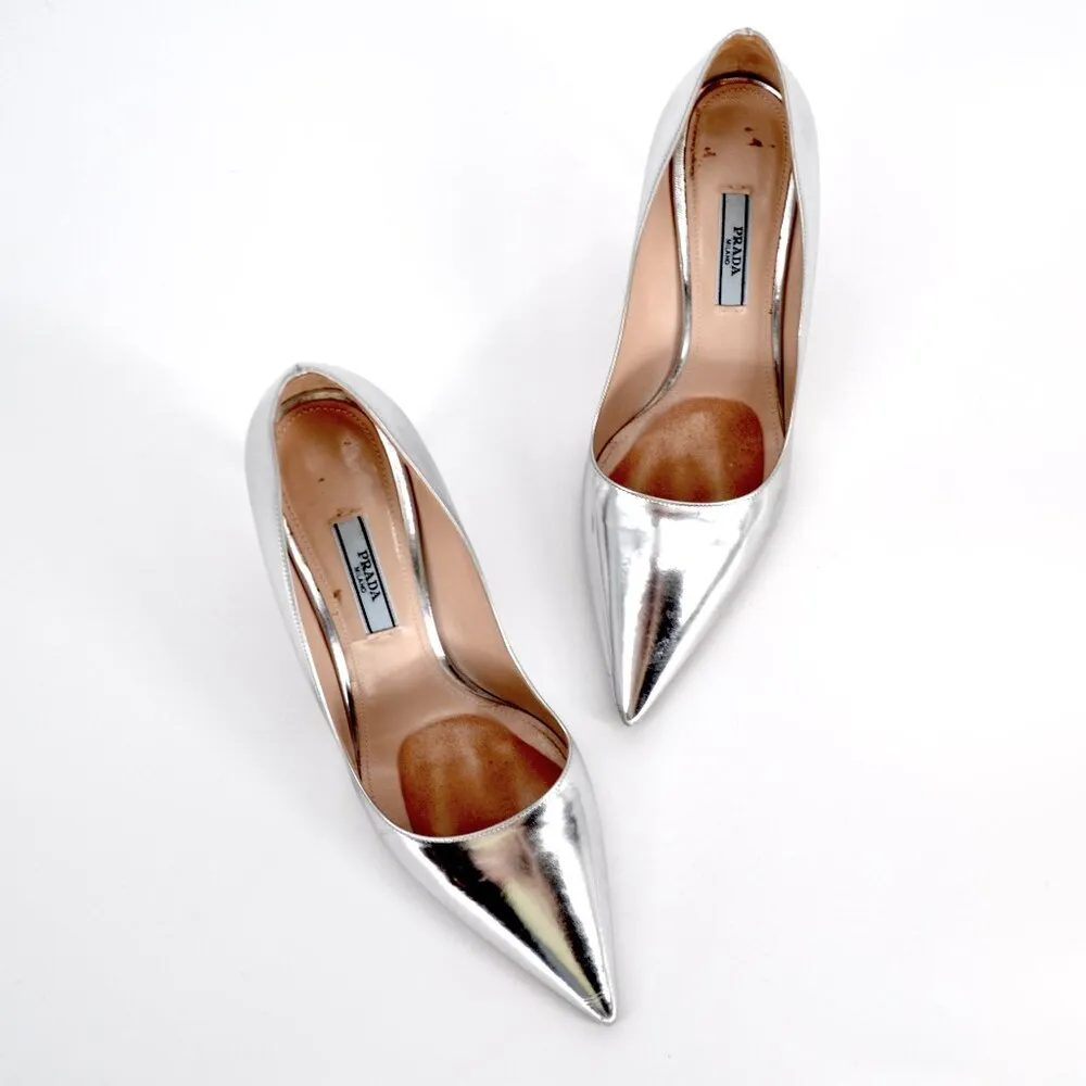 PRADA Silver Metallic Pointed Toe Pumps Stiletto High Heels Leather Size 39 - Image 2