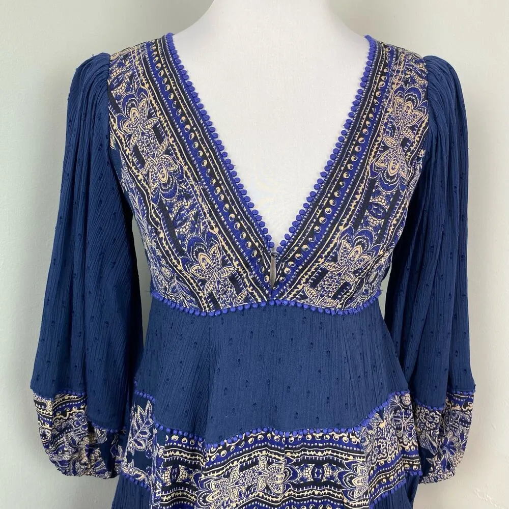 Free People Indigo Boho My Love Long Sleeve Mini Dress XS - Image 5