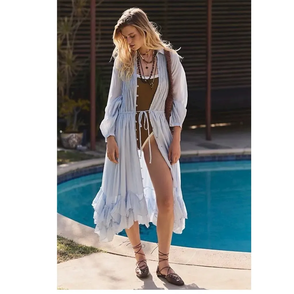 Free People Ethereal Dainty Bohemian Sea La Vie Midi Maxi Dress Duster Blue Med - Image 8