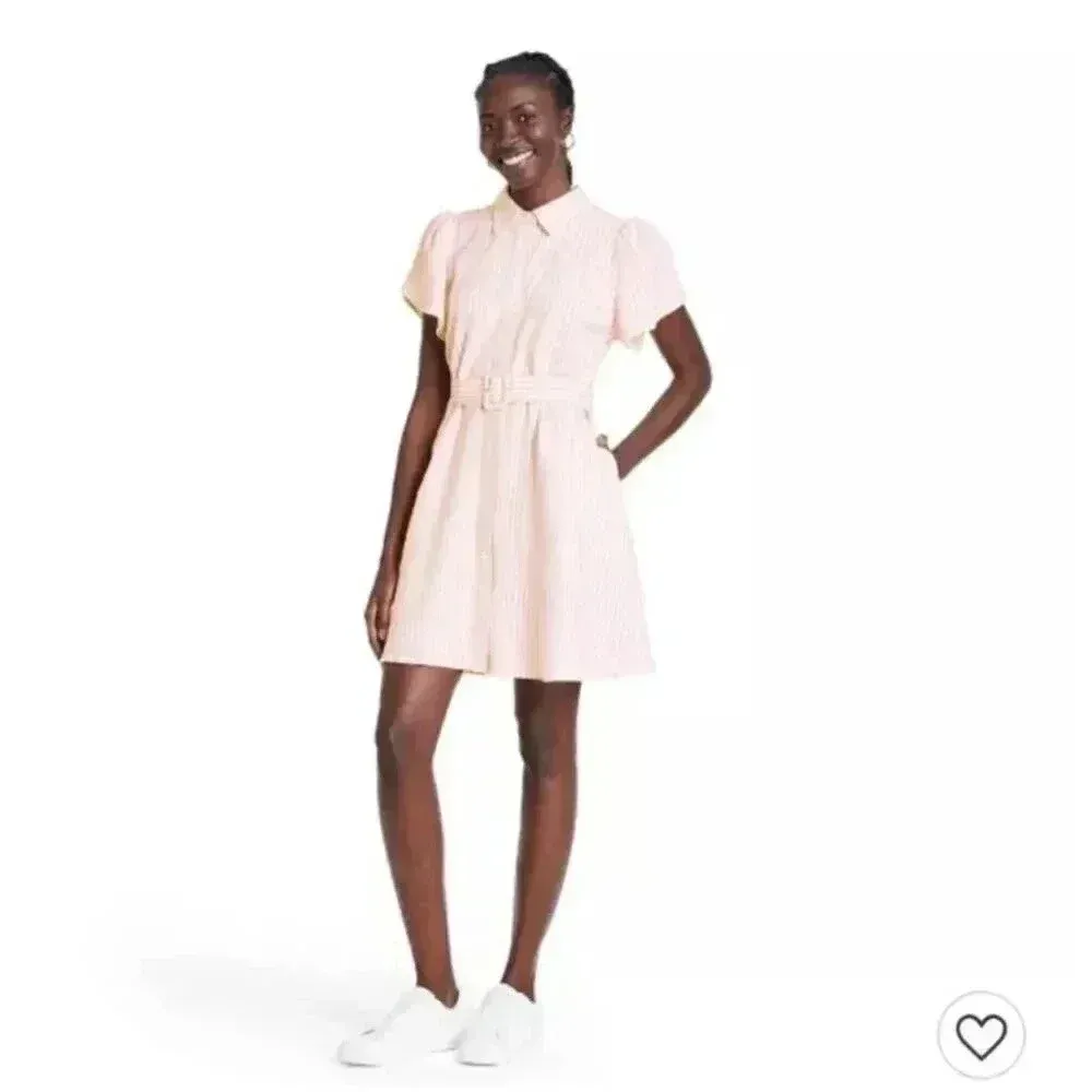 Alexis for Target pink stripe linen blend belted dress short sleeve small L25 - Image 2