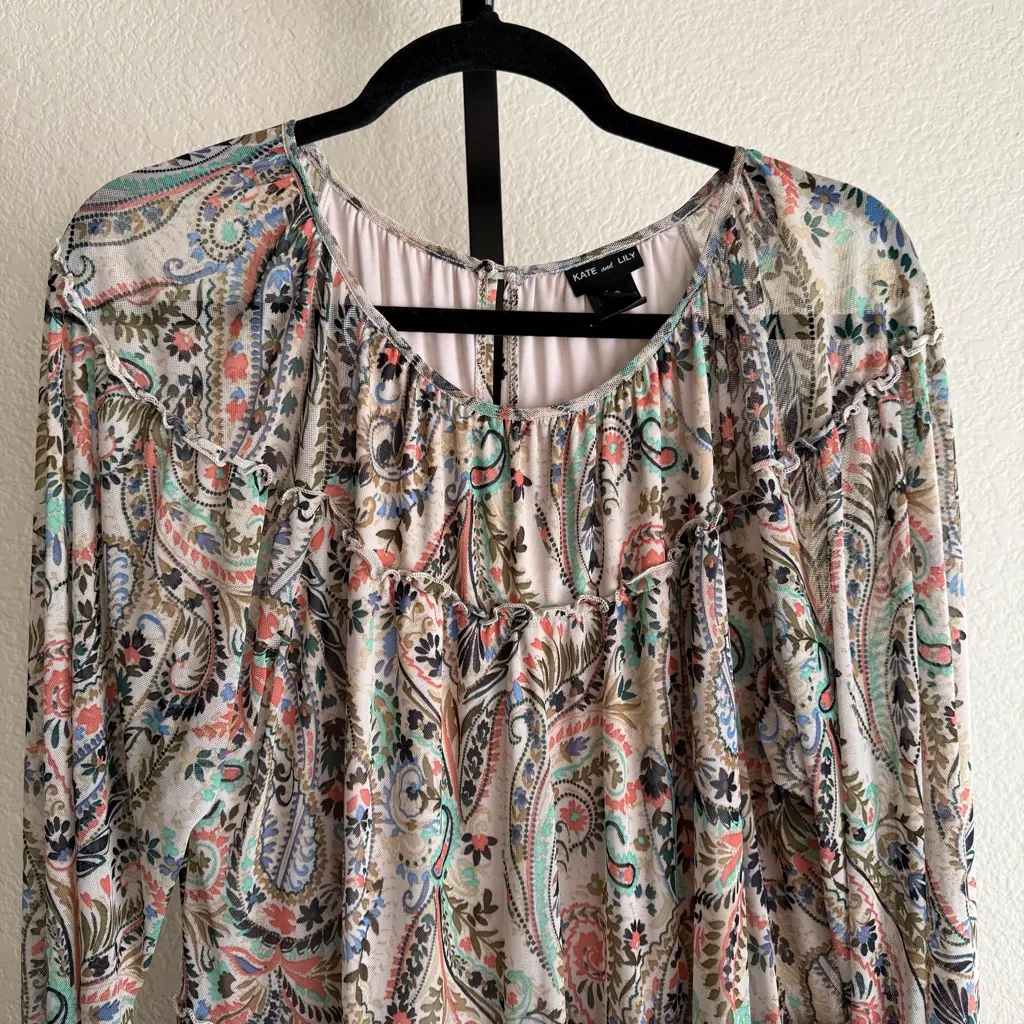 Floral Paisley Peasant Dress Smocked Waist Flowy Long Sleeve Women’s Size 12 - Image 3