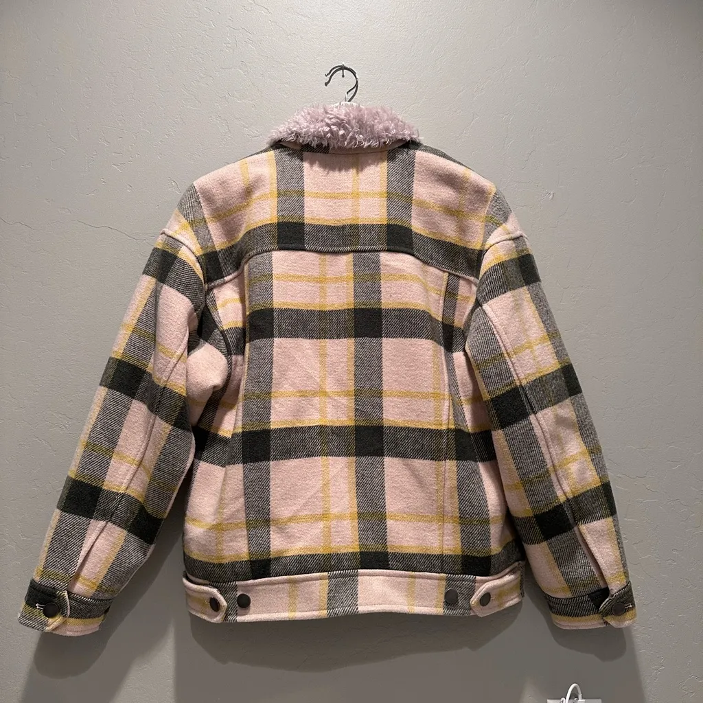 Urban Outfitters Green‎ Yellow Cream Plaid Sherpa Collar Trucker Jacket Sz Small - Image 3