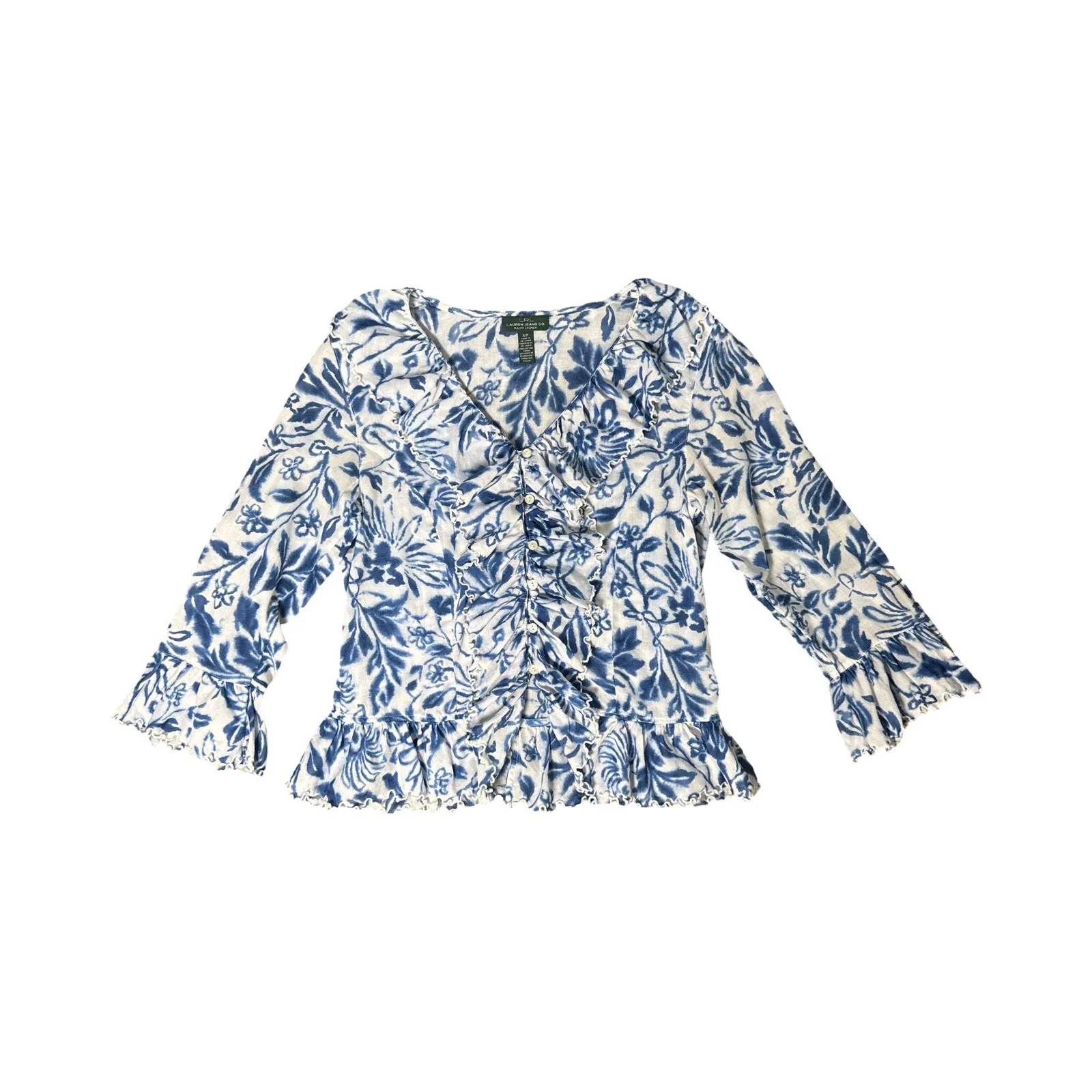Lauren Ralph Lauren Ruffle Washed Blue & White Floral Blouse Size S/P Romantic - Image 2
