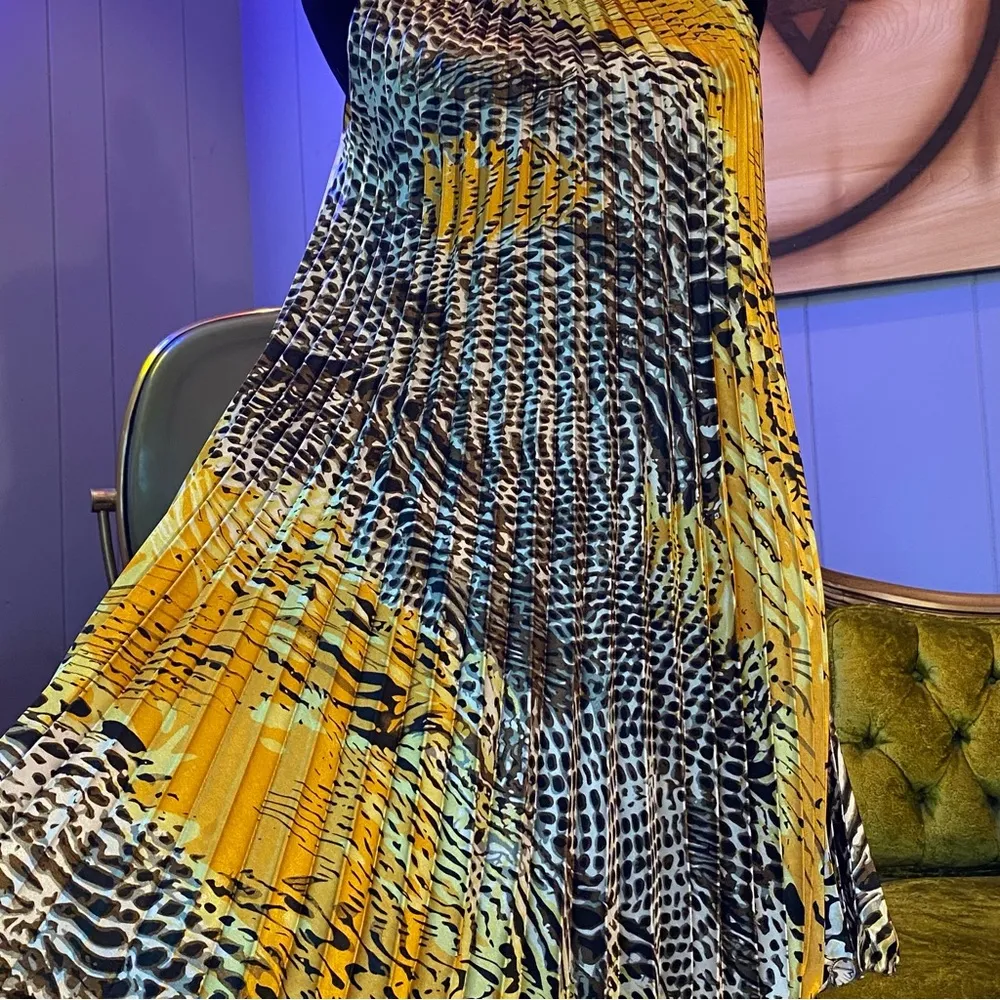 Vintage Y2K Neelam Pleated Abstract Animal Print Dress Size OS Gold - Image 5