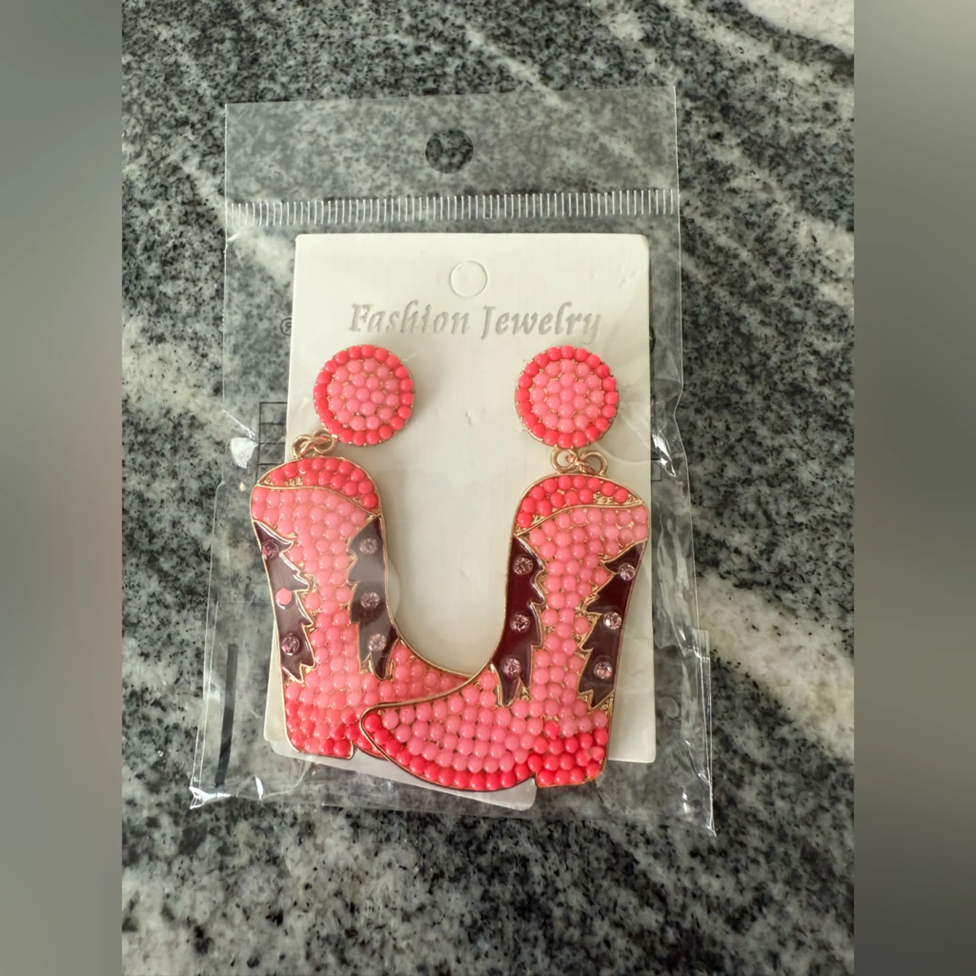 Beaded Cowgirl Boot Glitter Rhinestone Western Vibrant Pink Beaded Earrings - Image 3