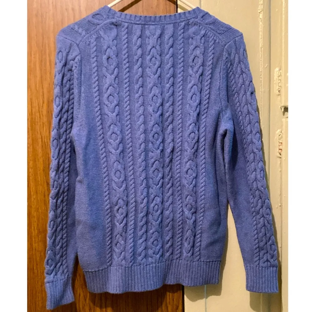 LL Bean Size Large Cable Knit Fisherman Sweater 100% Cotton Sky Blue Pullover - Image 3