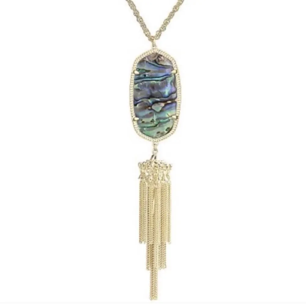 Kendra Scott Rayne Abalone Shell Long Gold Fringe Necklace Blue Green Purple - Image 2