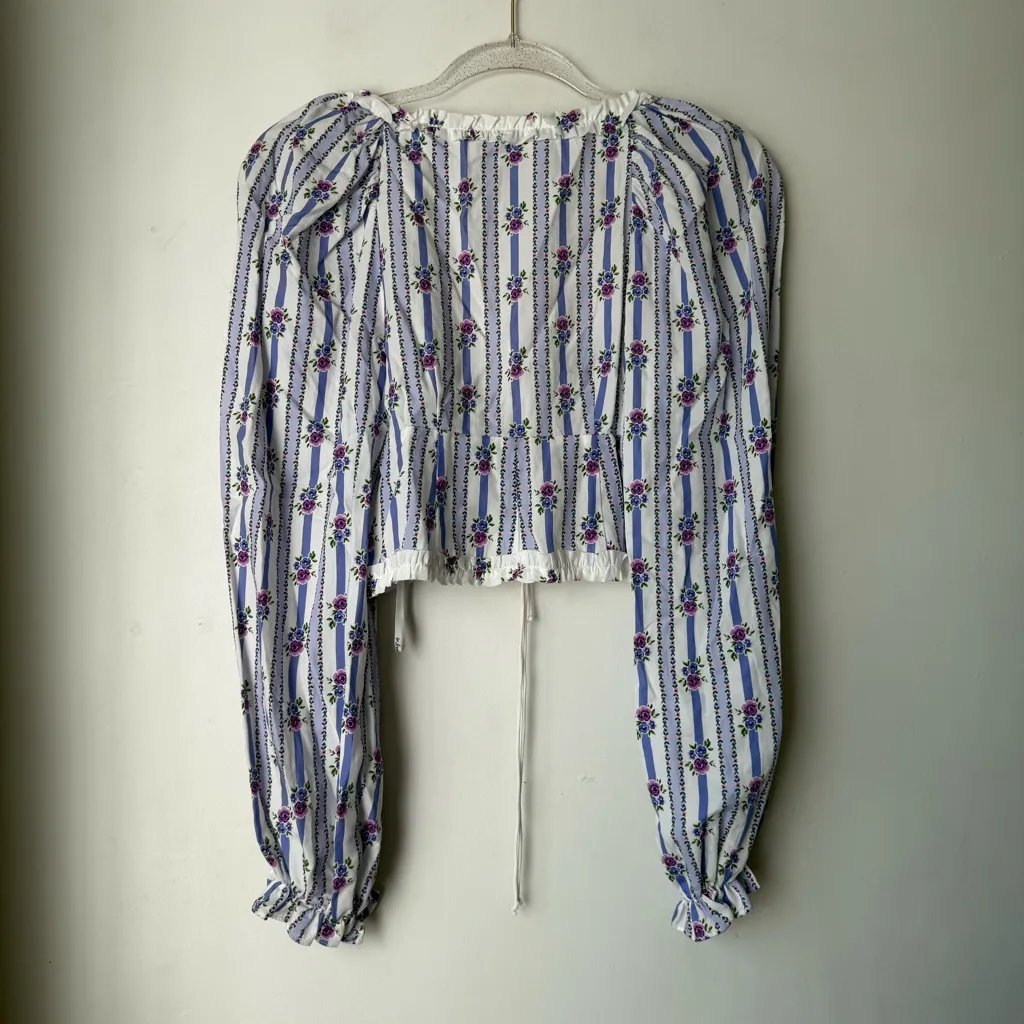 For Love & Lemons Dahlia White Blue Purple Stripe Floral Tie Front Crop Top XS - Image 11