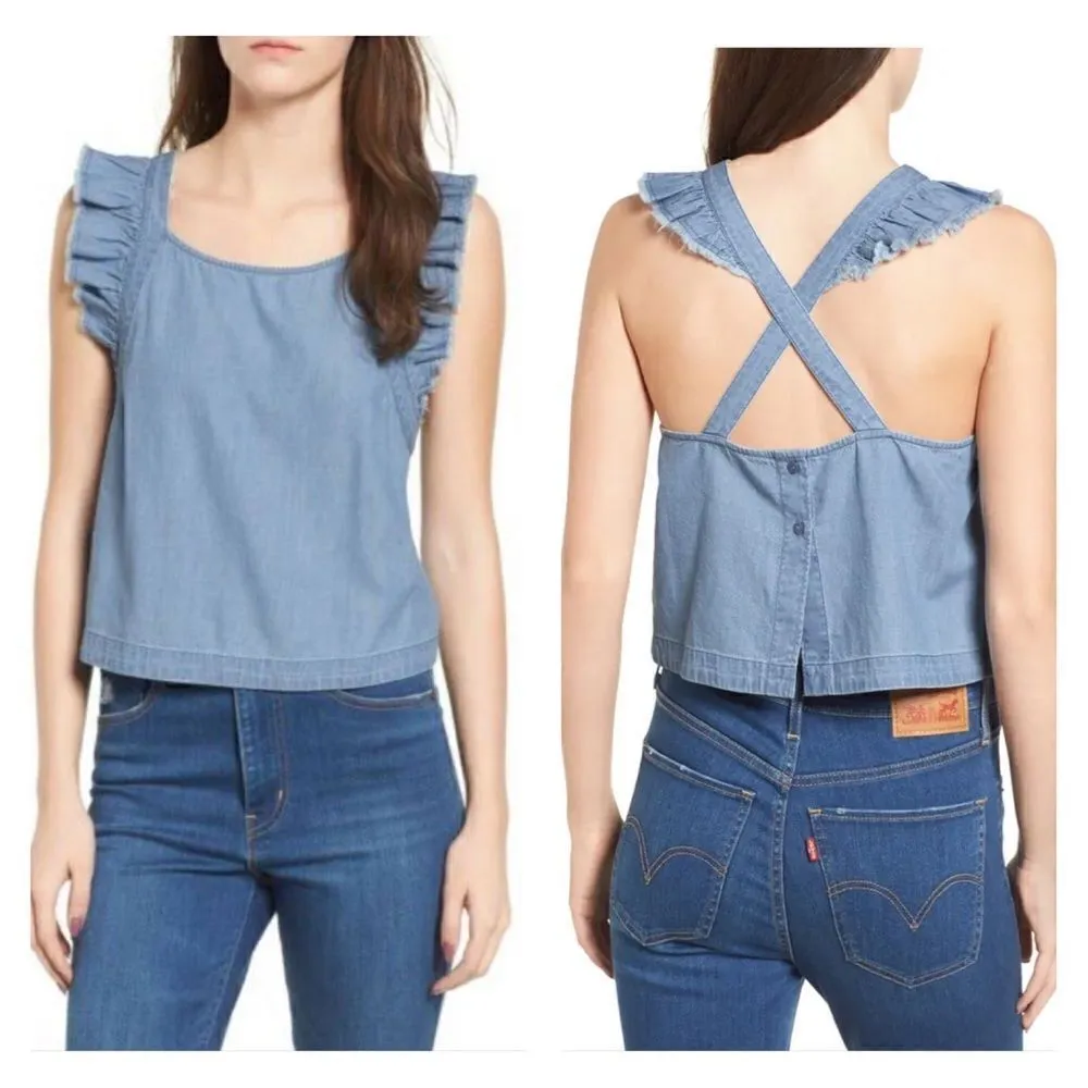 BP Chambray ruffle apron strap crop tank top S - Image 2