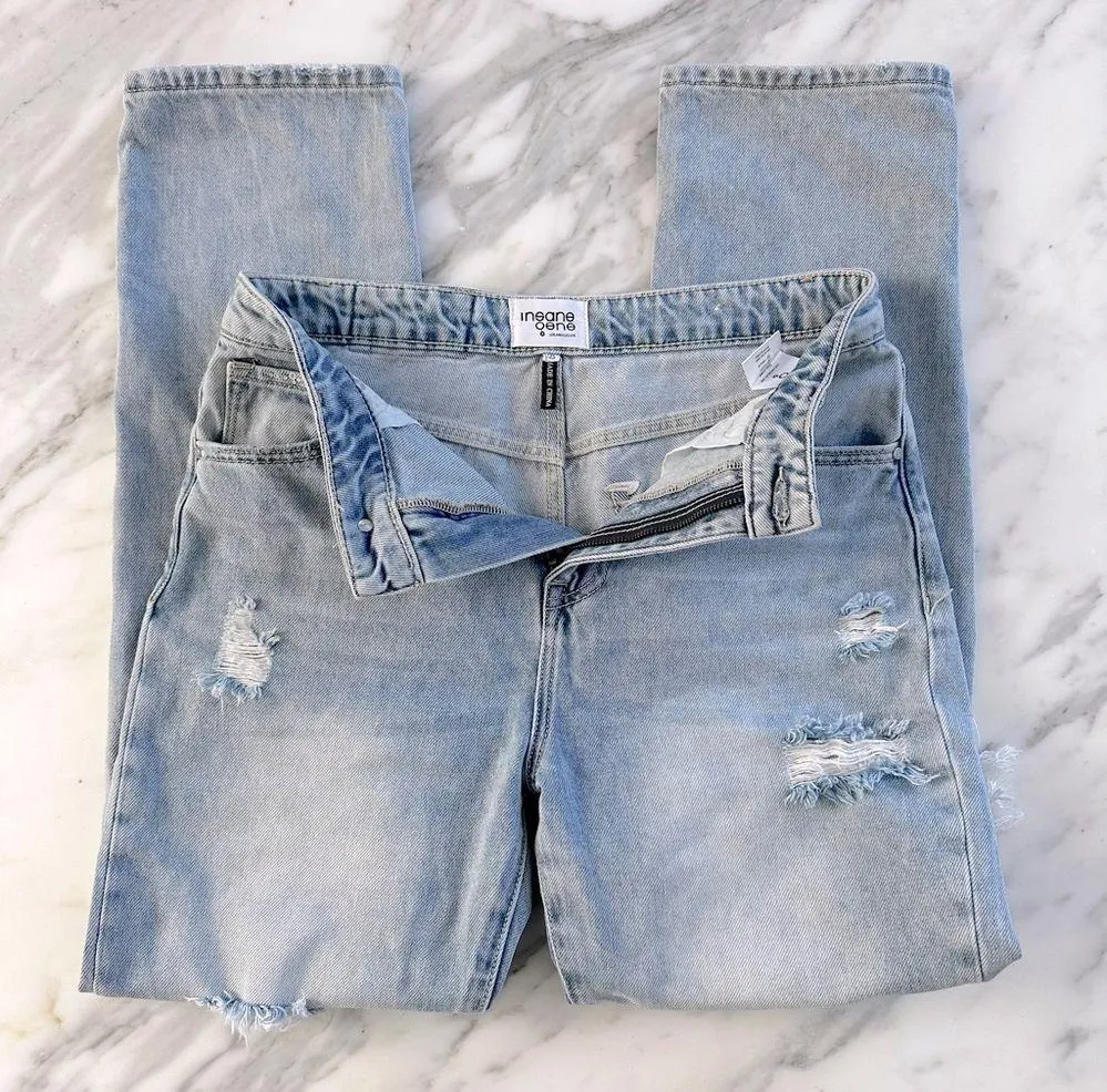 INSANE GENE High Rise Ripped Straight Jeans • Sz 25 Blue - Image 9