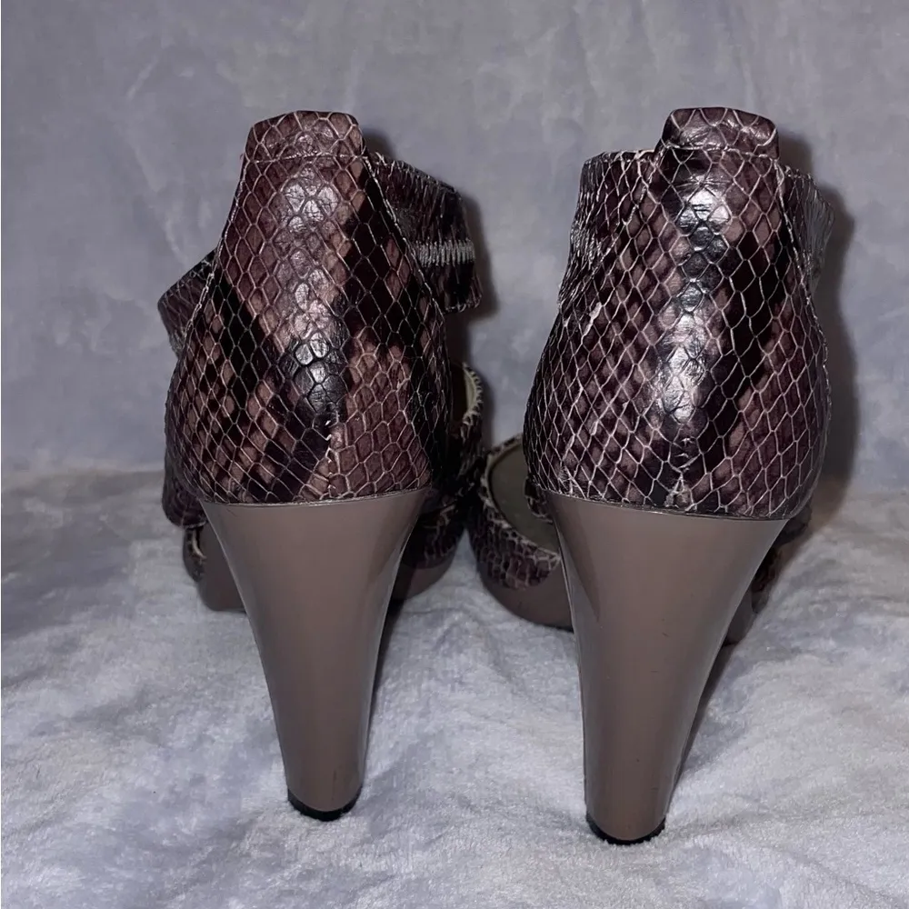 Women’s Berkley Leather Embossed Brown  Snakeskin T Strap Zip Heels - Image 6