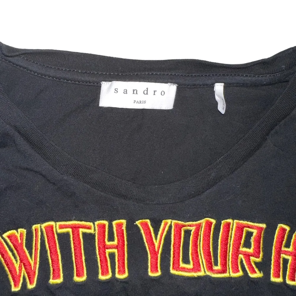 Sandro Milagros Embroidered Play With Your Heart Short Sleeve Black Graphic Tee - Image 4