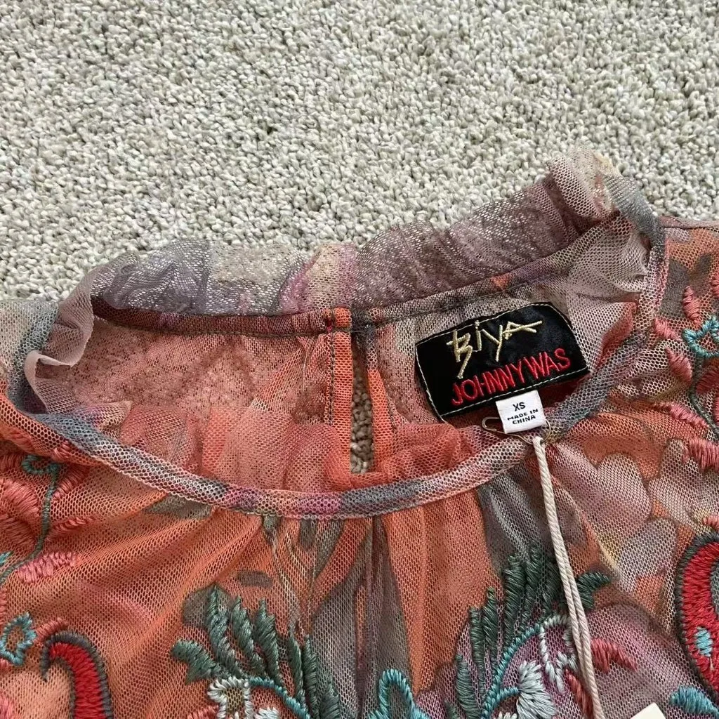 NWT Johnny Was Biya Giana Mesh Ruffled Floral Embroidered Sheer Blouse Size XS - Image 13