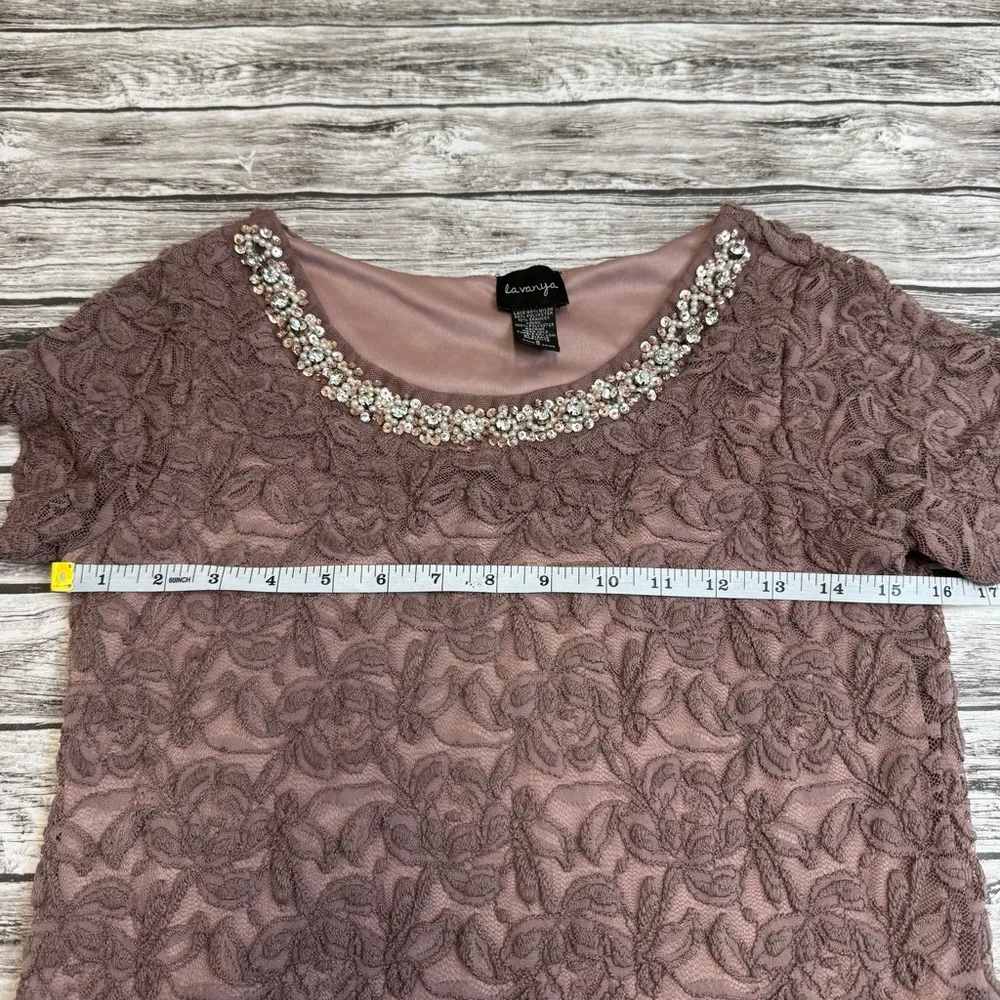 la vanya Women's Lace Overlay Jeweled Neck Tee T Shirt S SM Small Purple Stretch - Image 8